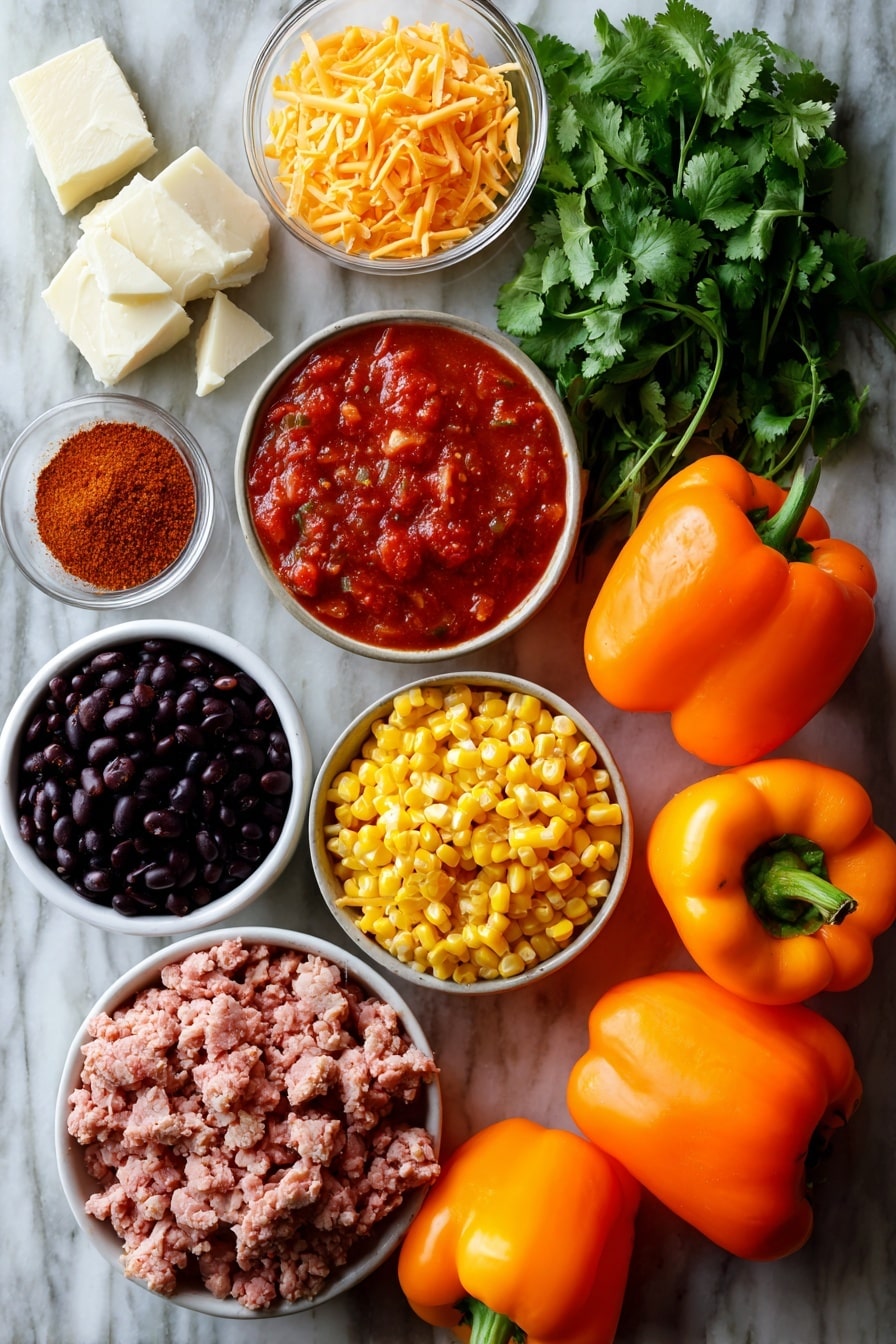 Flat lay of vibrant orange bell peppers with shiny, smooth skins and firm, hollowed interiors, mounds of fresh, bright yellow corn kernels, glossy black beans with a deep, rich color, raw ground turkey with a pale pink, slightly crumbly texture, sprigs of fresh green cilantro leaves scattered delicately, wedges of creamy white and orange cheddar and pepper jack cheese showing marbled patterns, small piles of warm reddish-brown taco seasoning powder, and a bowl of chunky red salsa with visible tomato, onion, and pepper bits, all beautifully arranged with natural spacing and slight overlap to create depth and interest, placed on white marbled surface, photo taken with an iphone --ar 2:3 --v 7 - Jack-o-lantern Stuffed Bell Peppers, festive stuffed peppers, Halloween dinner ideas, fall party recipes, fun stuffed vegetable recipes