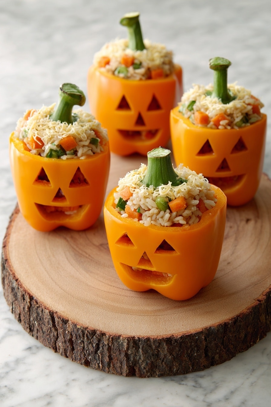 A woman's hand with dark blue nail polish is holding a bright orange bell pepper that has a carved Jack-o'-lantern face. The pepper is filled with a mixture of cooked ground meat, corn, and shredded cheese. Around it, four more orange bell peppers are filled with the same meat and cheese mix, two with pepper tops on and two without. All the peppers sit on a round wooden board placed on a white marbled surface. The colors are vibrant with the orange peppers, yellow corn, and white-yellow cheese visible. Photo taken with an iphone --ar 2:3 --v 7 - Jack-o-lantern Stuffed Bell Peppers, festive stuffed peppers, Halloween dinner ideas, fall party recipes, fun stuffed vegetable recipes