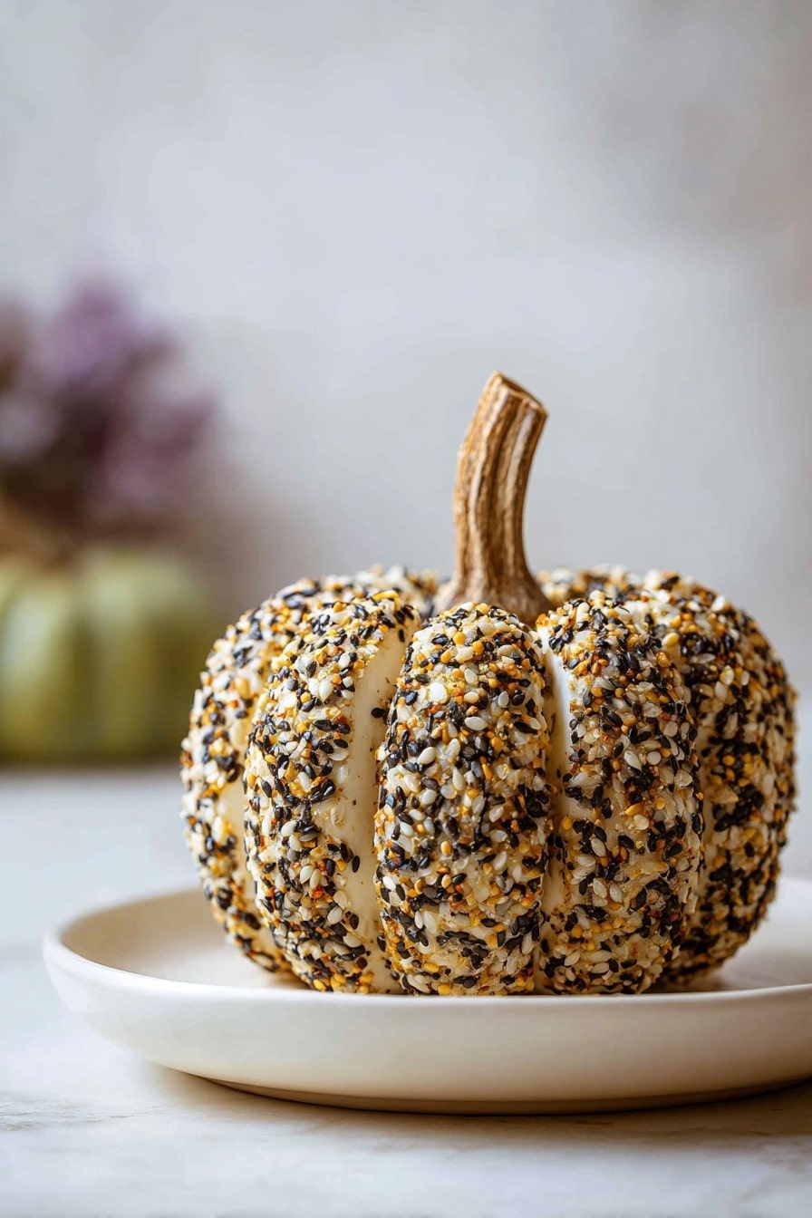The image shows a cheese ball shaped like a small pumpkin on a white plate. The cheese ball is covered with a mix of black, white, and orange seeds, giving it a speckled texture. A brown dried pumpkin stem is placed in the center, making it look like a real pumpkin. In the foreground, there is a white bowl filled with round, light-brown crackers. The background has an orange pumpkin and a light green container with some crackers or bread inside, all placed on a white marbled surface. Photo taken with an iphone --ar 2:3 --v 7 - Everything Bagel Cheeseball, cheeseball recipe, savory appetizer, party appetizer, easy cheese ball