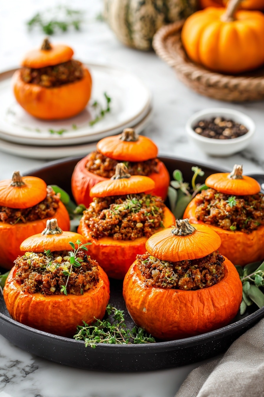 The dish shows a small orange pumpkin split into two parts, with the bottom part filled with a crumbly, brown stuffing that has a slightly rough texture. The pumpkin lid is placed on top but slightly off to the side, sprinkled with coarse salt and cracked pepper, showing its rough, ridged surface and stem in the middle. The pumpkin sits on a white plate, with some fresh green herbs, including sage and thyme, positioned behind it. A gold fork is inserted into the stuffing, resting at the bottom of the plate on a white marbled surface. A portion of a striped cloth napkin and a second plate with another stuffed pumpkin are also partially visible nearby. photo taken with an iphone --ar 2:3 --v 7 - Stuffed Mini Pumpkins with Savory Ground Beef and Pumpkin Spice, fall pumpkin stuffed recipes, Thanksgiving pumpkin appetizer ideas, cozy pumpkin dinner ideas, festive pumpkin stuffed vegetables