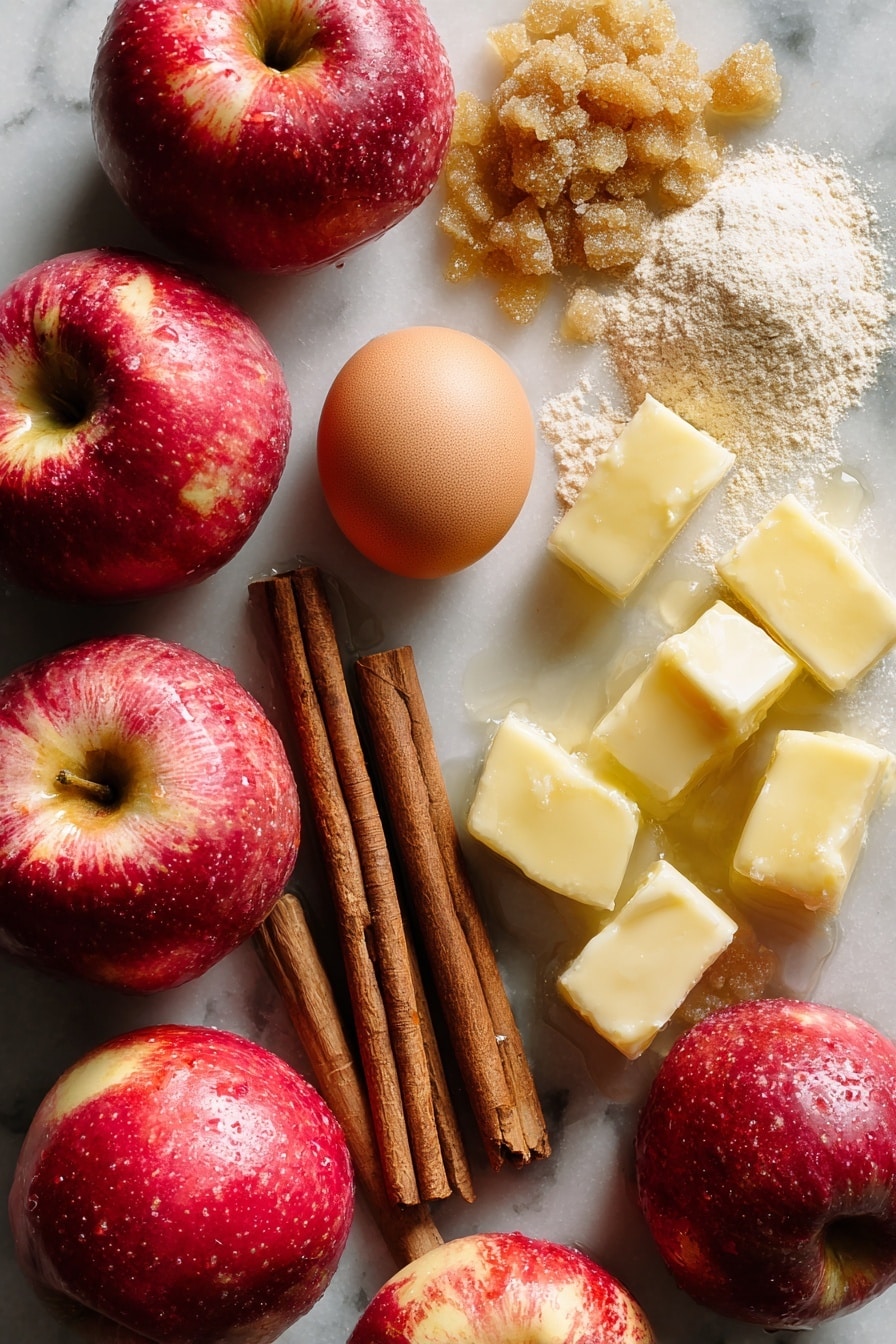 Flat lay of vibrant fresh Pink Lady apples with shiny red and yellow skins, golden brown sugar crystals in a small mound, smooth sticks of cinnamon with a rich dark brown color, cold unsalted butter cubes in pale creamy yellow, a small pile of finely ground almond flour with a soft, powdery texture, translucent water droplets glistening as if just poured, and a fresh whole egg with a glossy white shell, all beautifully arranged with natural spacing and varied angles, placed on white marbled surface, photo taken with an iphone --ar 2:3 --v 7 - Apple Pie à la Mode, apple pie with ice cream, homemade apple pie, easy apple pie recipe, classic fruit dessert
