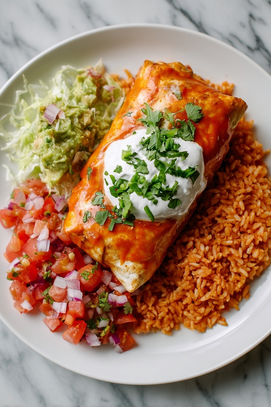 Two golden-brown rolled tortillas filled with cooked chicken and sauce sit side by side on a white plate with speckled edges. On top of the tortillas is a dollop of white sour cream and chunky red salsa with small bits of tomato, onion, and herbs, scattered with chopped green cilantro leaves. Beside the tortillas is a serving of orange-yellow seasoned rice sprinkled lightly with green herbs. A few fresh cilantro leaves are placed near the edge of the plate. The plate is set on a white marbled surface. photo taken with an iphone --ar 2:3 --v 7 - Chicken Chimichangas, Best Chicken Chimichangas, Crispy Chicken Chimichangas, Easy Chicken Chimichangas, Cheesy Chicken Chimichangas