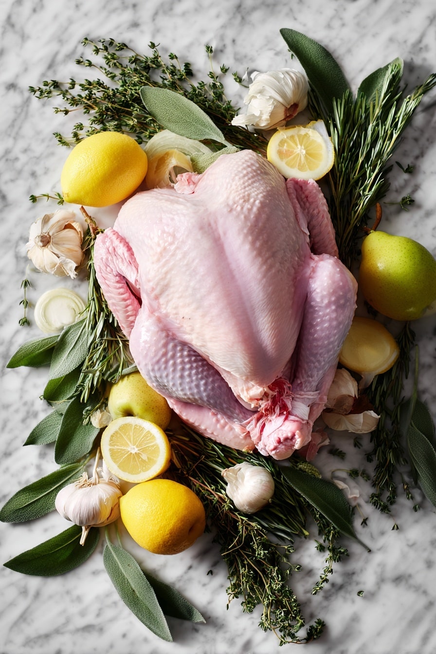 Flat lay of a large raw whole turkey with pale pink skin, surrounded by fresh quartered yellow lemon slices, crisp white onion wedges, and bright red apple quarters. Sprigs of vibrant green rosemary, thyme, and sage are artfully scattered around, showcasing their delicate needle-like and leafy textures. Clusters of plump, peeled garlic cloves with smooth ivory skins add interest, all placed on a white marbled surface, photo taken with an iphone --ar 2:3 --v 7 - Easy No Fuss Thanksgiving Turkey, stress-free Thanksgiving turkey, simple holiday turkey recipe, juicy turkey for Thanksgiving, beginner-friendly turkey recipe