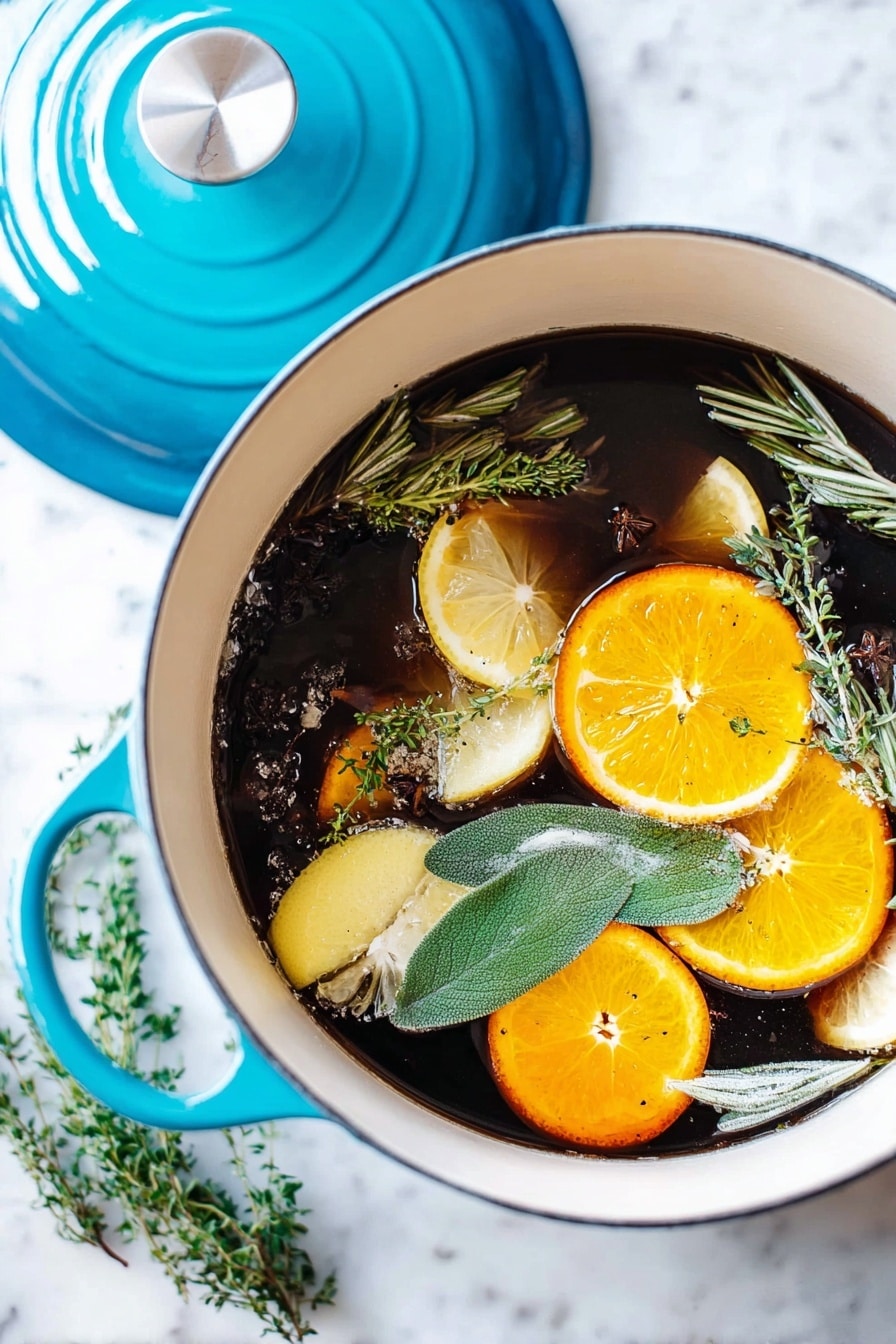 The image shows a white pot with a blue lid next to it, sitting on a white marbled surface. Inside the pot, there are two large pieces of pale chicken partially submerged in clear broth filled with herbs and vegetables. The broth layer is transparent brown with small dark herb bits floating on top. On the surface, there are bright green fresh herb leaves along with small yellow lemon pieces and orange carrot chunks scattered around the chicken. The overall look is fresh and light, with the mix of green, yellow, white, and orange colors floating in the broth. Photo taken with an iphone --ar 2:3 --v 7 - Easy Turkey Brine with Citrus and Herb Butter, turkey brine recipe, citrus turkey marinade, herb butter turkey, juicy turkey preparation