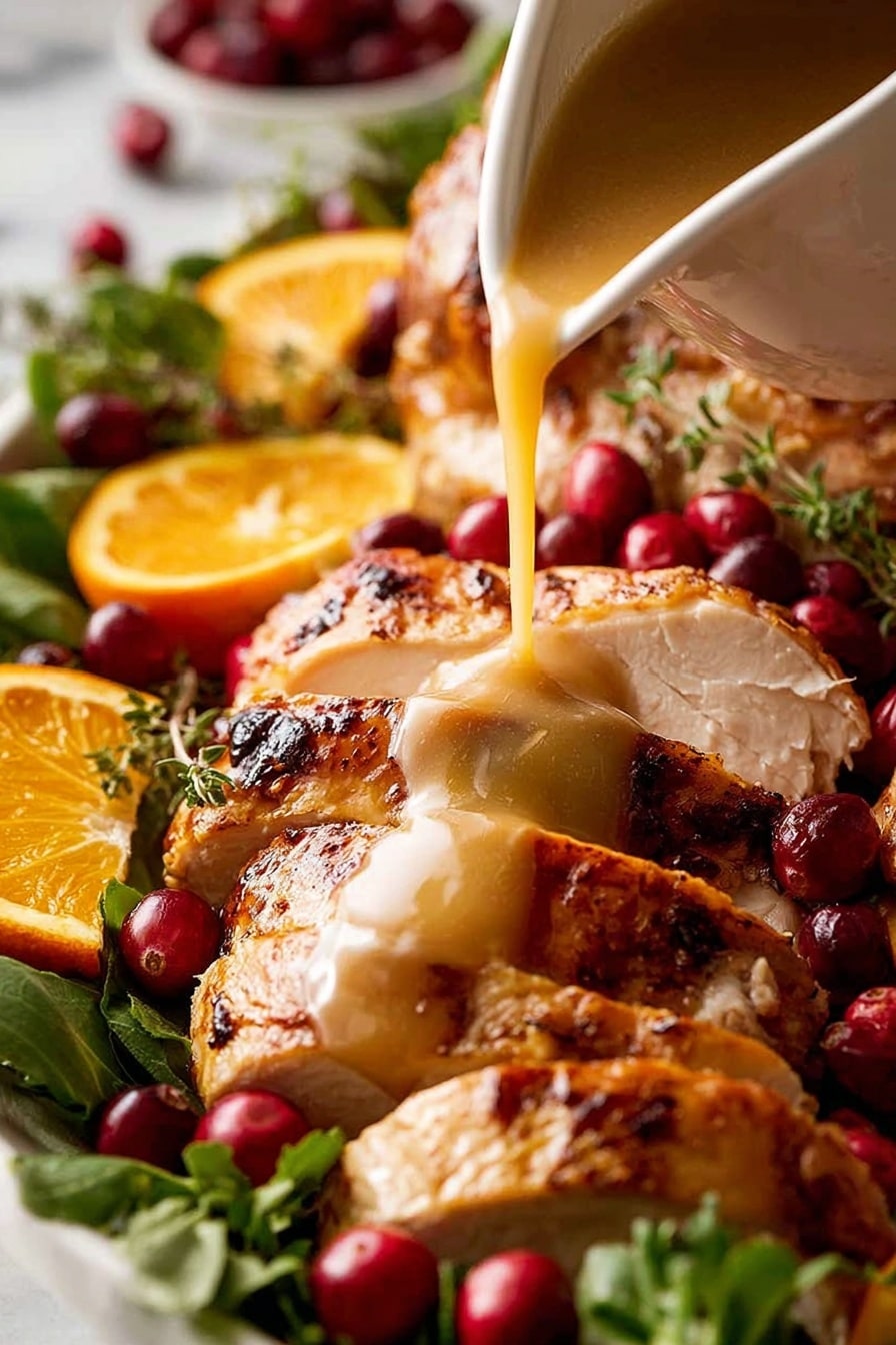 A close-up view of several layers of sliced roasted turkey arranged on a bed of green leafy herbs and bright red cranberries. Light brown gravy is being poured from a white jug onto the center of the thick turkey slices, creating a glossy sauce layer. Orange slices are placed on the side, adding a pop of vibrant color. The whole scene rests on a white marbled surface. photo taken with an iphone --ar 2:3 --v 7 - Juicy Roast Turkey, perfect roast turkey, moist turkey recipe, holiday turkey tips, tender roast turkey