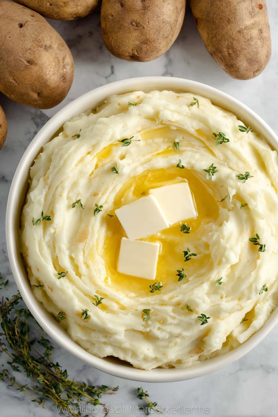 A white bowl filled with creamy mashed potatoes swirled in soft peaks, with two small square pieces of butter melting on top, creating a glossy yellow pool in the center. Scattered small green thyme leaves add a fresh color contrast. The bowl is placed on a white marbled surface, and several whole brown potatoes are in the background. photo taken with an iphone --ar 2:3 --v 7 - Best Mashed Potatoes, creamy mashed potatoes, buttery mashed potatoes, easy mashed potato recipe, perfect mashed potatoes