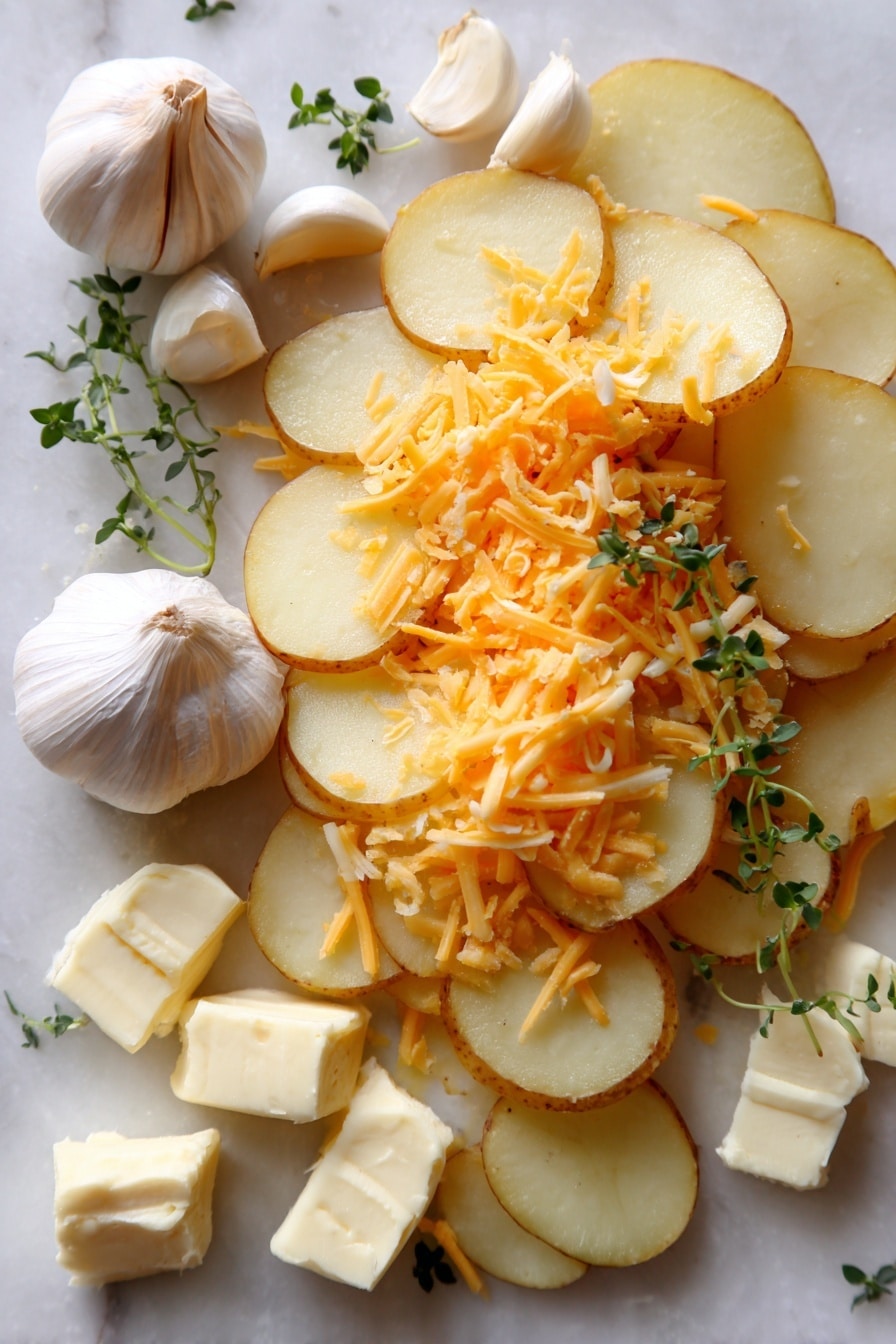 Flat lay of thinly sliced golden Yukon Gold potatoes with smooth, slightly curved edges, generous mounds of freshly grated sharp orange cheddar cheese mixed with pale, finely shredded parmesan, several creamy white garlic cloves with papery skins partially peeled, small chunks of rich pale yellow butter with a soft texture, and a few sprigs of fresh green herbs for contrast, all naturally arranged with a gentle overlap and casual spacing, placed on white marbled surface, photo taken with an iphone --ar 2:3 --v 7 - Easy Cheesy Scalloped Potatoes, cheesy scalloped potatoes, creamy scalloped potato casserole, potato side dish, comfort food recipes