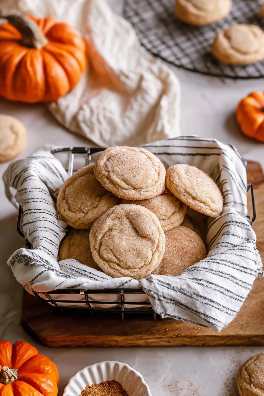 A black metal rectangular tray lined with a white kitchen towel with black stripes holds two stacks of round, light brown cookies dusted with sugar. The cookies have a crinkled, soft texture with slightly darker edges. The background shows a white marbled texture with blurred orange pumpkins, adding an autumn feel to the scene. Photo taken with an iphone --ar 2:3 --v 7 - Pumpkin Spice Cookies, fall cookie recipes, easy pumpkin cookies, soft chewy cookies, pumpkin spice dessert