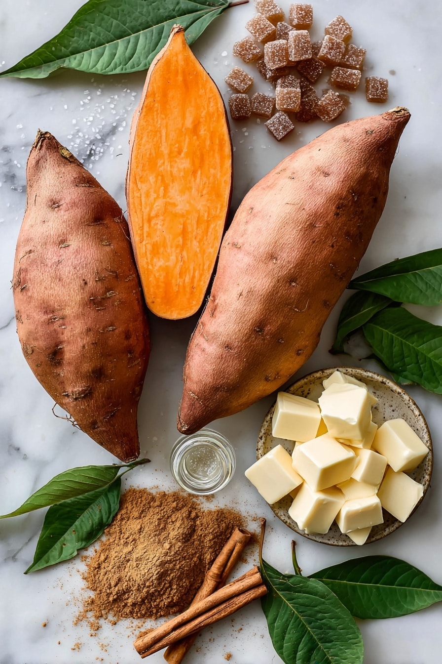 Flat lay of three large sweet potatoes with vibrant orange flesh, a small pile of rich dark brown sugar crystals glistening, golden cubes of salted butter with smooth, creamy texture, a small heap of warm cinnamon powder in reddish-brown tones, a delicate sprinkle of light brown nutmeg powder, and a tiny glass vial of clear vanilla extract, all naturally arranged with scattered cinnamon sticks and a few sweet potato leaves for a touch of green, placed on white marbled surface, photo taken with an iphone --ar 2:3 --v 7 - The Best Candied Yams, candied yams recipe, sweet yams, holiday yams, easy candied yams