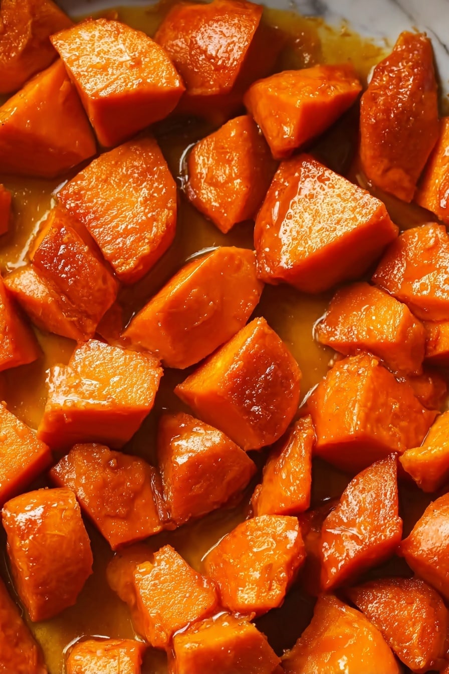 The image shows a close-up of a baking dish filled with chunks of cooked orange sweet potatoes. The sweet potato pieces have a shiny, slightly glazed surface that suggests they have been cooked with some kind of sauce or seasoning, giving them a rich orange color. The chunks are unevenly shaped but generally medium-sized. On the right side, a metal spoon holding several sweet potato pieces is partially submerged in the sauce at the bottom of the white marbled background. The overall look is warm, soft, and moist with a textured appearance on the sweet potatoes. Photo taken with an iphone --ar 2:3 --v 7 - The Best Candied Yams, candied yams recipe, sweet yams, holiday yams, easy candied yams