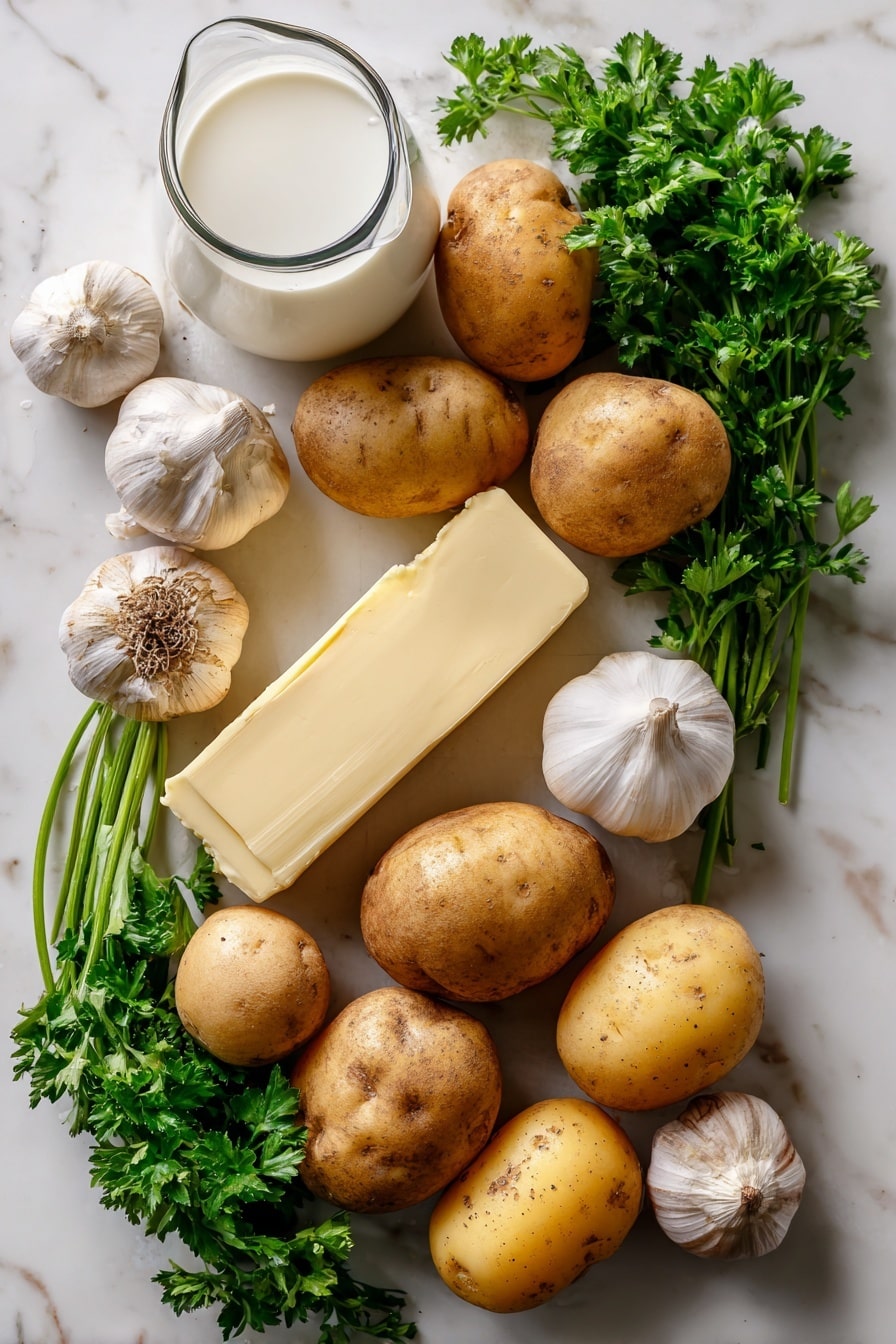 Flat lay of peeled russet and Yukon gold potatoes in varying warm beige and golden hues, whole garlic cloves with their smooth white skins, a rich slab of creamy golden salted butter, and a small glass jug of fresh white milk, all beautifully arranged with sprigs of bright green parsley adding a pop of color, placed on white marbled surface, photo taken with an iphone --ar 2:3 --v 7 - Best Mashed Potatoes, creamy mashed potatoes, homemade mashed potatoes, easy mashed potato recipe, fluffy mashed potatoes