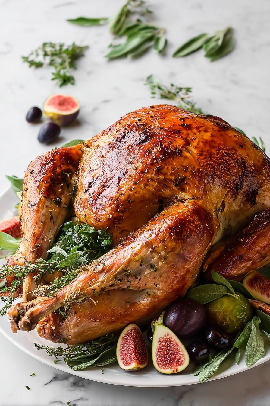 A whole roasted turkey with a shiny, golden brown skin speckled with black pepper sits centered on a white plate, resting on a bed of green herbs including rosemary and thyme. The turkey has a crispy textured surface and shows well-cooked legs and wings slightly spread out. Around the plate, there are dark purple olives and halved fresh figs with a pink-red interior. Sprigs of fresh herbs and additional fig halves are scattered on the white marbled surface beneath and around the plate. photo taken with an iphone --ar 2:3 --v 7 - Garlic Butter Roasted Turkey, roasted turkey recipe, juicy turkey roast, garlic herb turkey, holiday turkey ideas