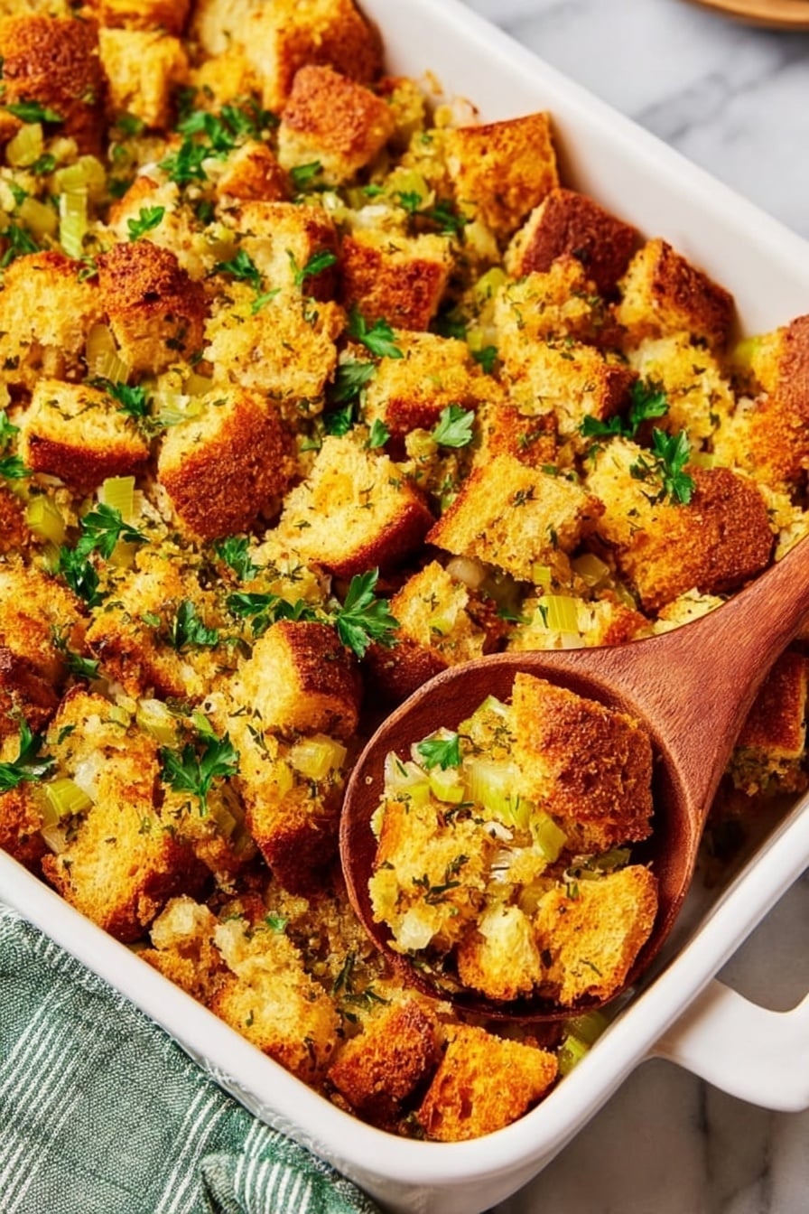 The image shows a white rectangular baking dish filled with golden-brown toasted croutons mixed with green celery pieces and scattered fresh parsley leaves on top. The texture of the croutons is crispy with some darker roasted spots, giving a crunchy look. A light green and white striped cloth is partially under the dish, and a wooden spoon rests on the right side of the dish. The background is a white marbled surface. photo taken with an iphone --ar 2:3 --v 7 - Cornbread Stuffing, homemade cornbread stuffing, savory stuffing recipe, holiday stuffing, easy stuffing with herbs