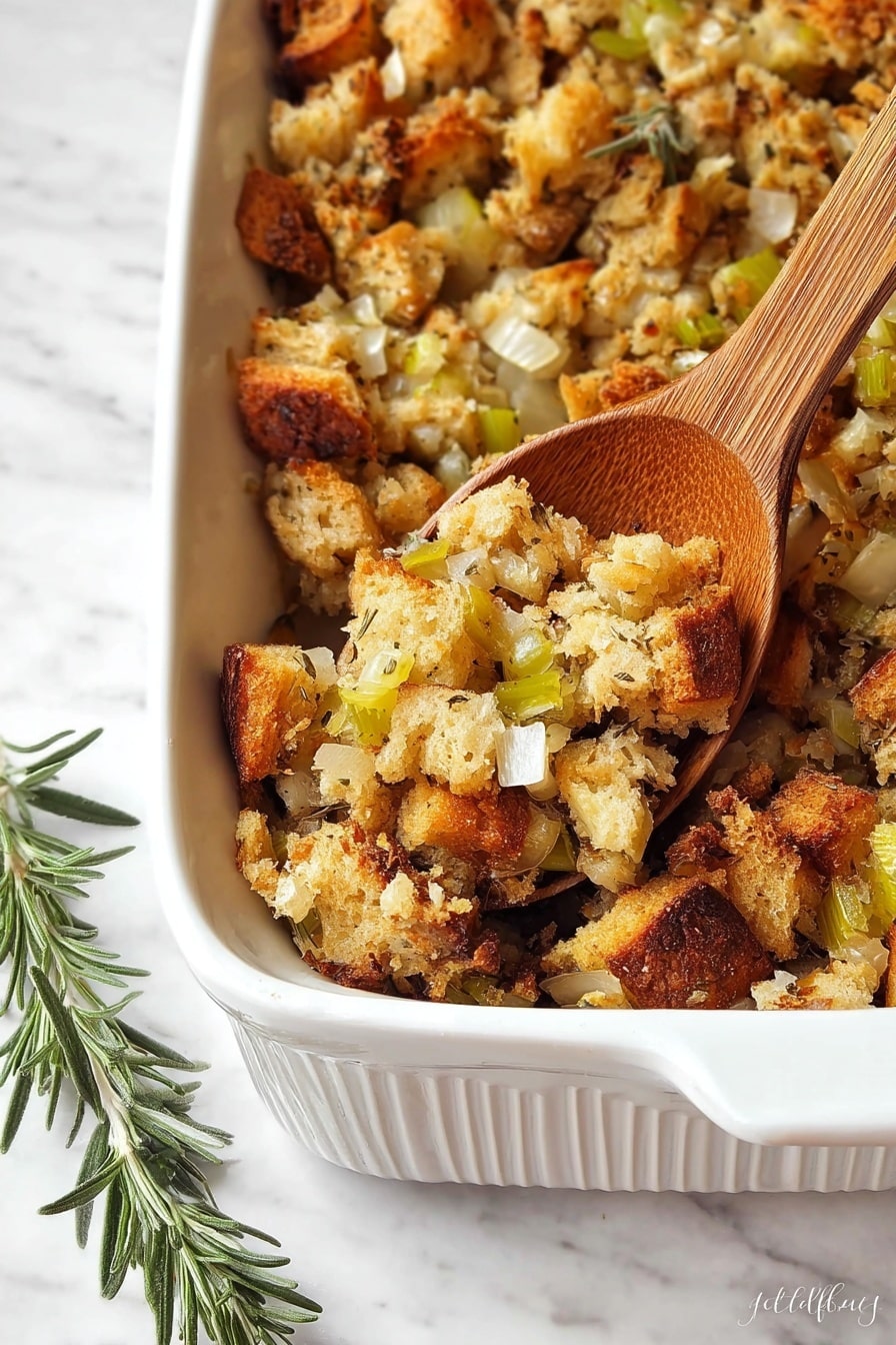 The image shows a white oval dish filled with a mixed dish of toasted bread cubes and small pieces of celery, all in light brown and green colors. The bread cubes are crispy and uneven, with a few bits of green celery mixed throughout, creating a rough texture on top. Beside the dish, there is a wooden spoon holding a small amount of the same mixture, with a sprig of fresh rosemary resting next to it. The whole scene is set on a white marbled surface with a subtle tile design visible underneath. Photo taken with an iphone --ar 2:3 --v 7 - Gluten-Free Stuffing, gluten-free side dish, holiday stuffing, herby stuffing, easy gluten-free stuffing