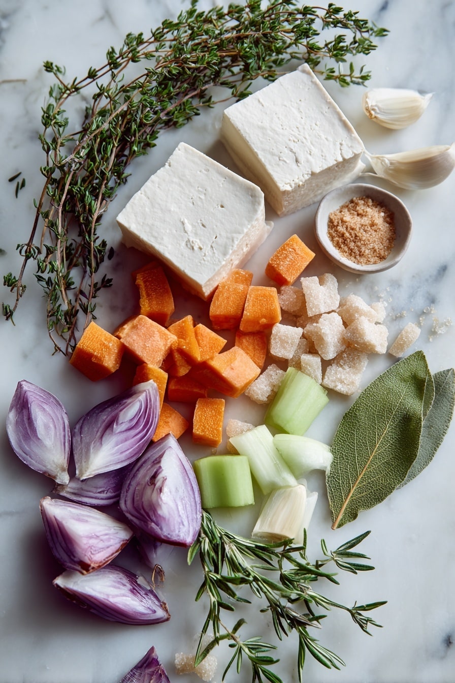 Flat lay of silken tofu with its smooth, creamy white texture, bright orange peeled carrot chunks, fresh green sprigs of thyme and rosemary, quartered purple-red onion pieces, pale green celery stalks cut into segments, a halved head of garlic showing its soft white cloves, vibrant bay leaves in rich forest green, and light brown sugar crystals scattered gently around, all arranged naturally with delicate layering and contrasting shapes, placed on white marbled surface, photo taken with an iphone --ar 2:3 --v 7 - Vegan Turkey Roast with Seitan and Stuffing, plant-based holiday main dish, vegan holiday centerpiece, vegan seitan roast recipe, vegan stuffing side dish