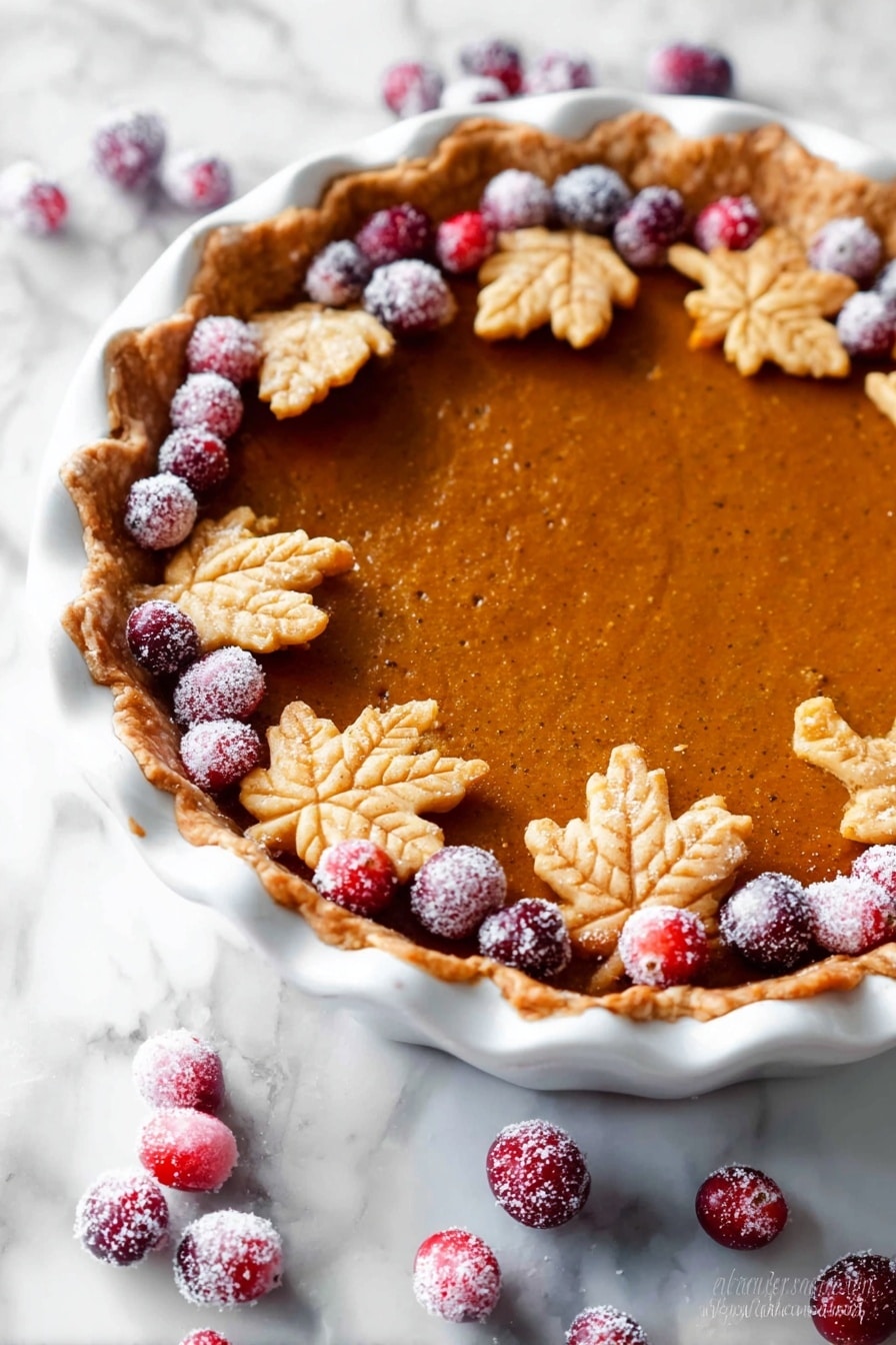 A slice of pumpkin pie is on a white plate with a white marbled texture background. The pie has two main layers: a light golden crust at the bottom and a thick, smooth, deep orange pumpkin filling on top. The crust edge is decorated with two small, detailed leaf-shaped pieces of pie crust that are golden brown. On top of the pumpkin filling, near the crust, there are three sugared bright red cranberries. In the center of the slice, there is a swirl of white whipped cream. Next to the pie slice is a silver fork holding a small piece of the crust and filling. In the background, there is a white square bowl filled with sugared cranberries. Photo taken with an iphone --ar 2:3 --v 7 - The Great Pumpkin Pie, pumpkin pie recipe, fall dessert ideas, homemade pumpkin pie crust, festive pumpkin dessert