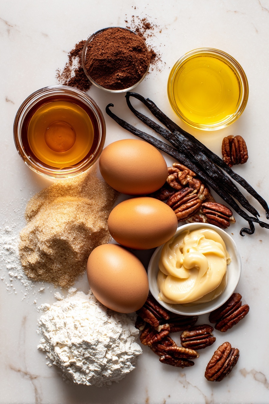 Flat lay of glossy amber maple syrup in a small glass jar, rich dark-brown sugar piled in a neat mound, smooth golden extra-virgin olive oil shimmering in soft light, a cluster of large fresh brown eggs with one cracked open showing its vibrant yolk, toasted pecans with deep brown ridged shells and chopped pieces scattered artfully, a stick of vanilla bean split open revealing tiny black seeds, pale off-white all-purpose flour in a soft heap, and a dollop of creamy caramel sauce with warm golden hues, all arranged naturally with some pecans spilling gently around, placed on white marbled surface, photo taken with an iphone --ar 2:3 --v 7 - Maple Pecan Blondies with Caramel Glaze, Maple Pecan Blondies, Best Blondie Recipes, Caramel Blondies, Nutty Dessert Recipes