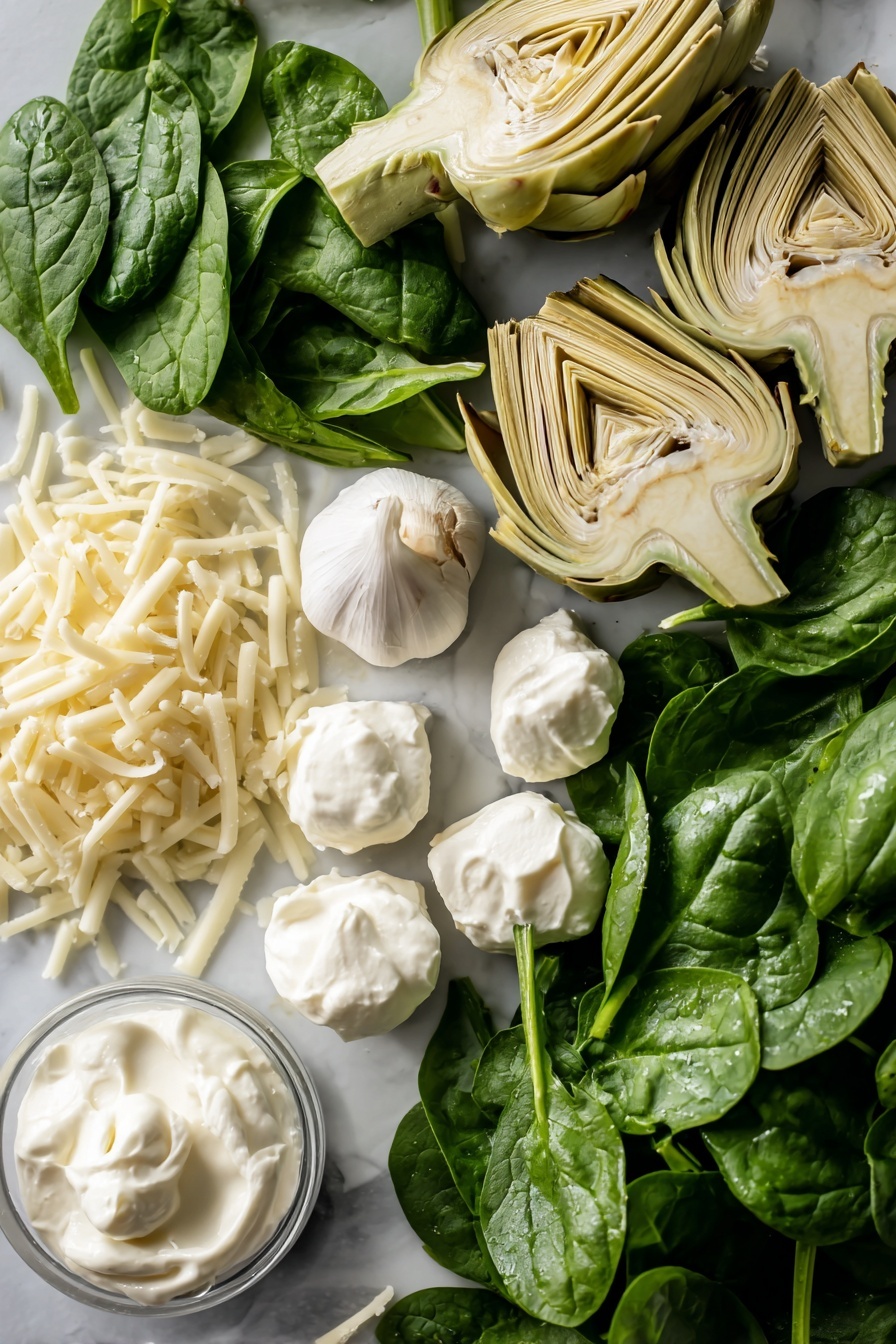 Flat lay of fresh deep green spinach leaves with their natural veiny texture, tender quartered pale green artichoke hearts with slight sheen, smooth and creamy white cream cheese softened to a spreadable consistency, small dollops of thick white sour cream and glossy mayonnaise, finely shredded pale yellow parmesan cheese with jagged edges, soft white shredded mozzarella cheese strips, and a single peeled garlic clove showing its smooth off-white surface, all beautifully arranged in a natural, slightly scattered way, placed on white marbled surface, photo taken with an iphone --ar 2:3 --v 7 - Creamy Spinach Artichoke Dip, spinach artichoke dip ideas, cheesy appetizer recipes, easy party dips, crowd-pleasing appetizer recipes