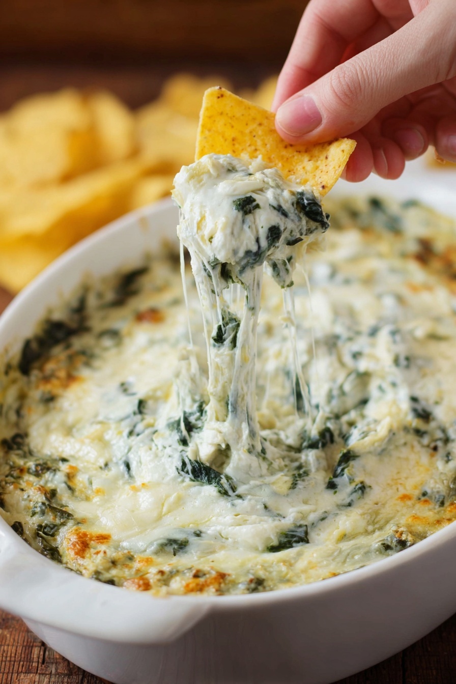 A white dish filled with creamy spinach and artichoke dip that has a thick, smooth texture with visible green spinach leaves mixed evenly throughout. The dip has a melted cheese layer creating stretchy, gooey strings lifted by a woman's hand holding a triangular yellow corn chip dipped into the mixture. In the background, the white dish rests on a wooden surface with a softly blurred effect, highlighting the cheesy, rich texture of the dip photo taken with an iphone --ar 2:3 --v 7 - Creamy Spinach Artichoke Dip, spinach artichoke dip ideas, cheesy appetizer recipes, easy party dips, crowd-pleasing appetizer recipes