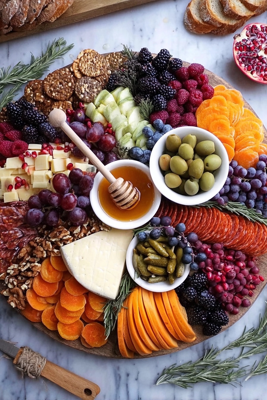 A large round board filled with many colorful layers, starting with a base layer of purple-black blackberries and blueberries on one side and orange mini pumpkins and bright orange slices on the other side. On top of this base, there are several small piles of different items: white bowl with honey and a wooden honey dipper in the center, a white bowl filled with green olives to the right, and another white bowl with small pickles toward the lower center. Around the bowls are layers of orange sliced cheese, red folded cured meat, dark red sliced sausages, and light yellow cheese chunks. There are also clusters of dark purple grapes, red raspberries, pomegranate seeds, and mixed nuts like walnuts and pistachios scattered around. Garnishes of green rosemary sprigs add contrast. The whole arrangement sits on a white marbled surface, with parts of bread and white cheese near the edges. Photo taken with an iphone --ar 2:3 --v 7 - Fall Cheese Board, autumn cheese board, fall entertaining snacks, seasonal cheese platter, holiday cheese board ideas