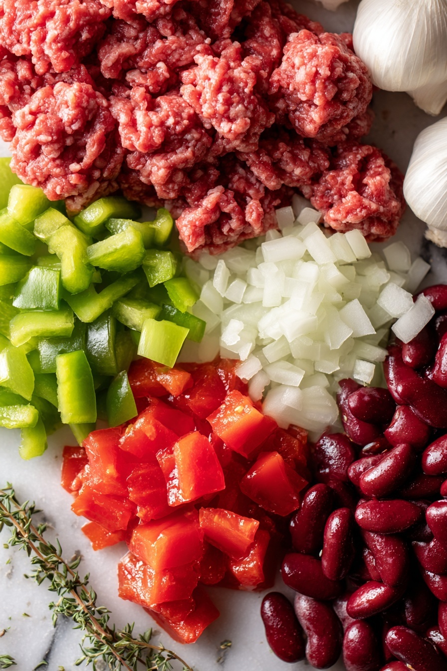 Flat lay of fresh ground beef in rich red tones with a slightly coarse texture, bright white diced onions with translucent layers, plump whole garlic cloves showing smooth off-white skins, vibrant green bell pepper chunks with shiny skin and crisp texture, glossy red diced tomatoes with juicy, seedy interiors, deep red kidney beans with a smooth, firm surface, a small amount of thick, bright red tomato paste, and a few sprigs of dried oregano with tiny green leaves scattered lightly, all beautifully arranged to create a colorful and inviting composition, placed on white marbled surface, photo taken with an iphone --ar 2:3 --v 7 - The Best One Pot Chili, One Pot Chili, Easy Chili Recipe, Comfort Food Chili, Quick Dinner Idea