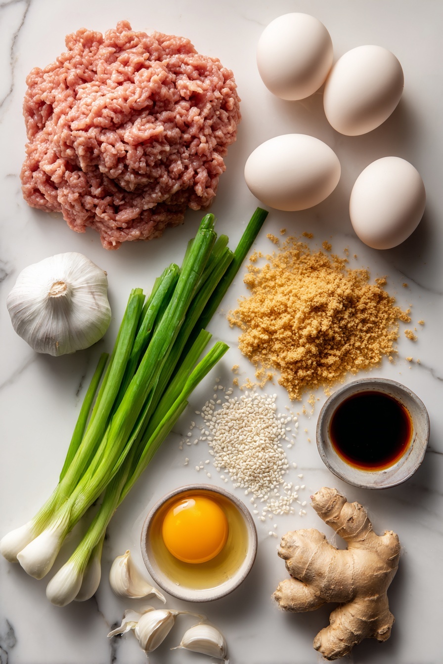 Flat lay of fresh ground turkey breast in a neat mound, whole eggs with smooth cream-colored shells, unseasoned golden panko breadcrumbs scattered loosely, plump garlic bulbs and individual peeled cloves showing their white papery texture, vibrant green scallions with leafy tops and white bulbs, fresh ginger root with its knobby light brown skin, glossy dark brown hoisin sauce in a small spill, rich amber rice wine vinegar in a clear small puddle, and tiny white sesame seeds sprinkled naturally nearby, all arranged with balance and harmony, placed on white marbled surface, photo taken with an iphone --ar 2:3 --v 7 - Asian Glazed Turkey Meatballs, healthy turkey meatballs with Asian glaze, simple Asian meatball recipe, quick weeknight dinner ideas, savory turkey meatballs