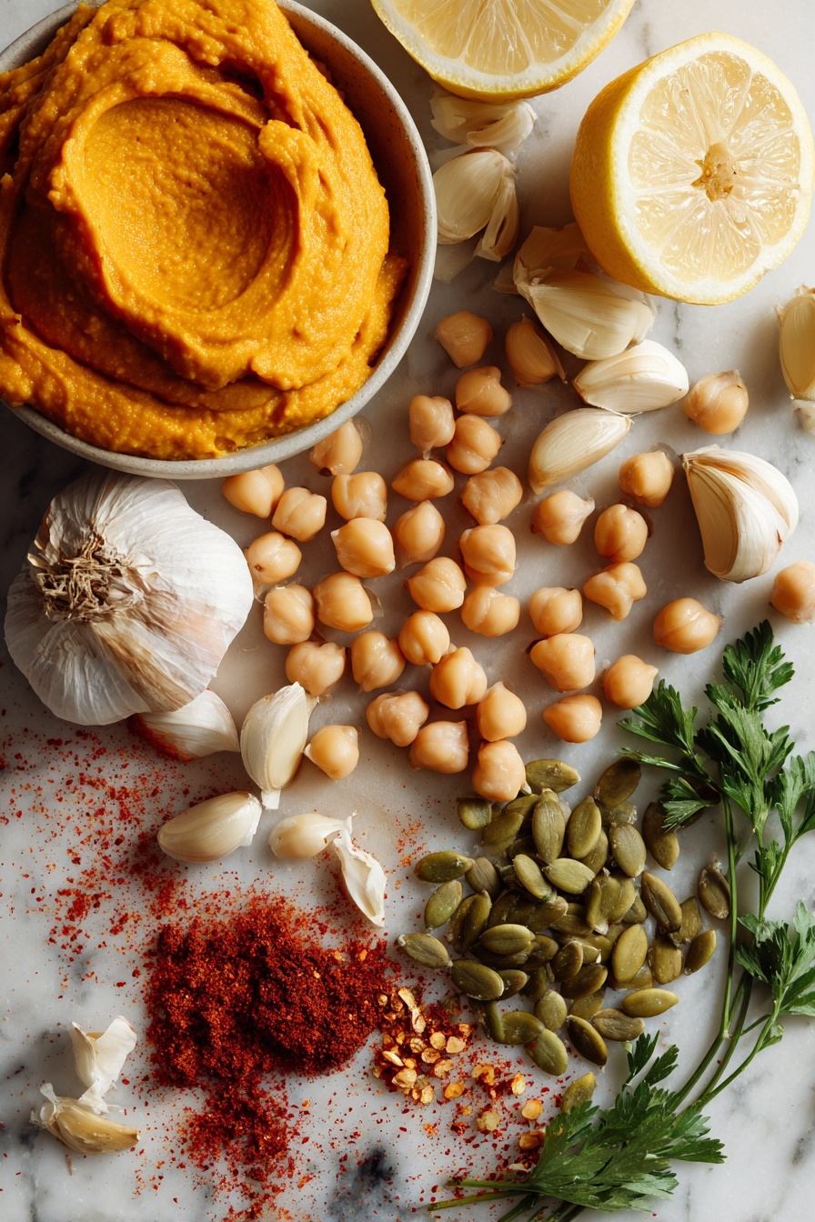 Flat lay of bright orange pumpkin puree dolloped in a smooth mound next to plump, pale beige chickpeas scattered naturally, fresh garlic cloves whole and minced with their papery white skins, fresh lemon cut in half showing its juicy yellow interior, a small pile of rich green toasted pumpkin seeds with a slight gloss, a sprinkle of deep red smoked paprika and vibrant red pepper flakes scattered artistically nearby, and a few sprigs of fresh green cumin leaves for texture contrast, all arranged thoughtfully with balanced spacing and natural shadows, placed on white marbled surface, photo taken with an iphone --ar 2:3 --v 7 - Pumpkin Hummus, Pumpkin Hummus Recipe, Fall Dips, Creamy Pumpkin Dip, Spiced Pumpkin Hummus