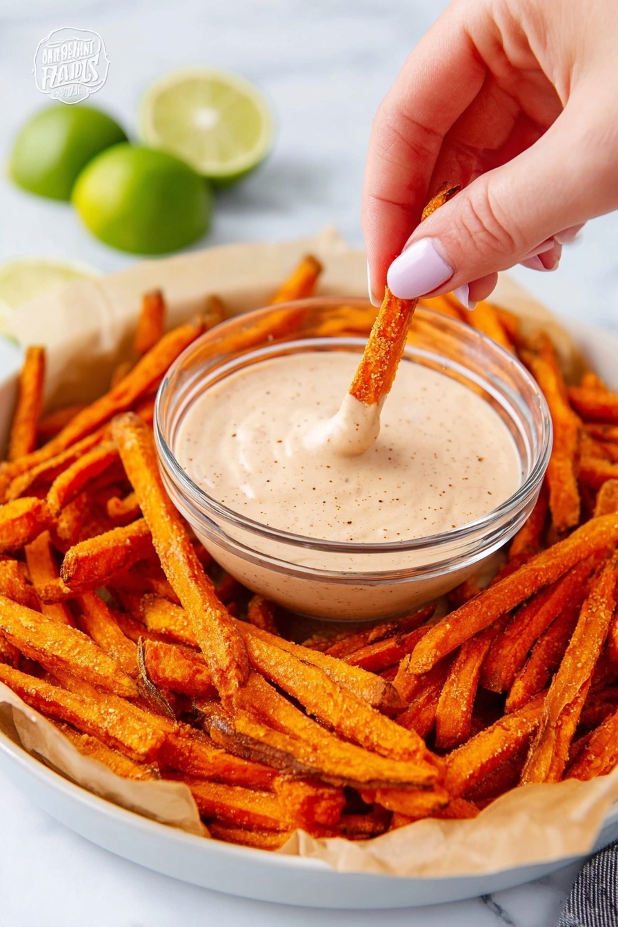 The image shows a white plate lined with parchment paper filled with bright orange sweet potato fries that look crispy and slightly wrinkled on the edges. In the center of the plate, there is a clear glass bowl filled with light brown creamy sauce speckled with fine darker bits. A woman's hand with light pink nail polish is dipping one of the sweet potato fries into the sauce. In the background, there are two lime wedges resting on the white marbled surface. Photo taken with an iphone --ar 2:3 --v 7 - Sweet Potato Fries with Spicy Chipotle Lime Dipping Sauce, spicy chipotle lime dip, baked sweet potato fries, healthy crispy snacks, flavorful dipping sauces