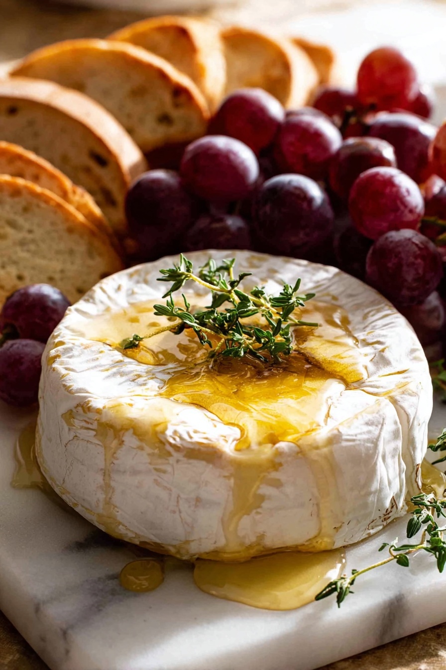 A round, soft cheese with a white rind is shown with its top layer opened, revealing a thick, creamy, melted yellow inside flowing onto white parchment paper beneath. A woman's hand is lifting a toasted, oval-shaped bread piece from the cheese, pulling the melted cheese in a stretchy, gooey stream. There is a small green herb sprig on the cheese and some red grapes blurred in the background, all set on a white marbled surface. photo taken with an iphone --ar 2:3 --v 7 - Baked Brie with Honey and Thyme, baked brie appetizer, easy cheese appetizer, Honey and thyme cheese dish, quick entertaining appetizer