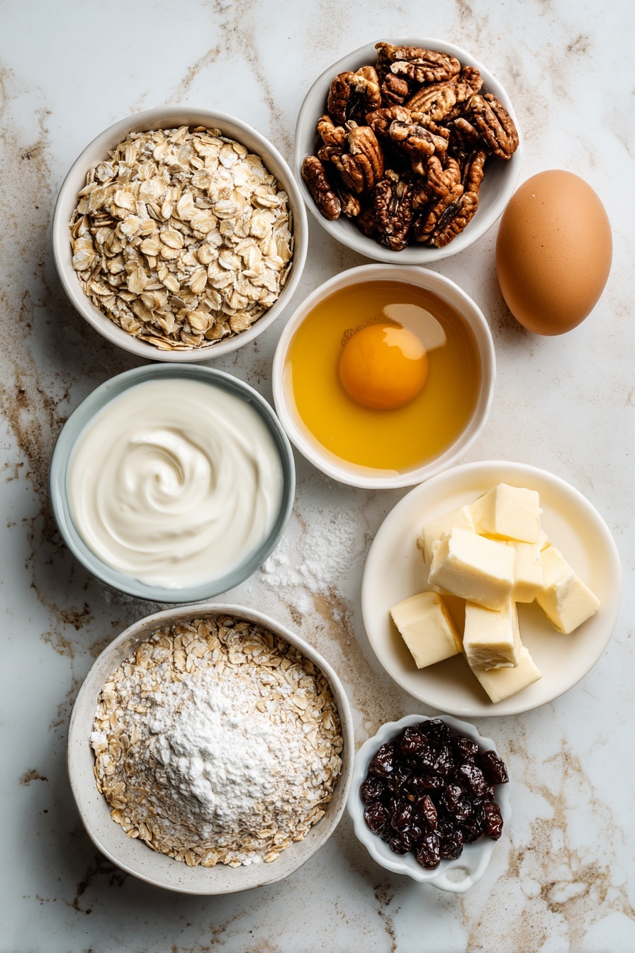 Flat lay of toasted pecan halves with rich brown hues and rugged textures, plump dark currants with a glossy sheen, rustic old-fashioned rolled oats in soft beige clusters, smooth cold unsalted butter pieces in pale yellow blocks, golden maple syrup glistening in a small natural pool, creamy white heavy cream in a gentle swirl, a fresh brown egg with a smooth shell, and a small pile of fine white confectioners' sugar, all beautifully arranged with natural spacing and slight overlaps, placed on white marbled surface, photo taken with an iphone --ar 2:3 --v 7 - Glazed Oatmeal Maple Scones with Pecans & Currants, oatmeal scones with maple and pecans, homemade scones with currants and maple syrup, cozy breakfast scones, flaky oatmeal scones