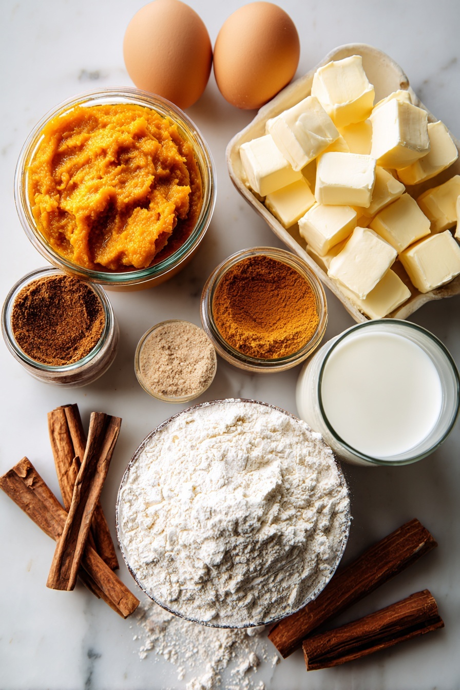 Flat lay of rich orange canned pumpkin puree, golden light and dark brown sugar crystals, warm cinnamon sticks, aromatic pumpkin pie spice powder gently scattered, smooth large brown eggs, creamy white milk in a small glass jar, soft pale yellow cubes of unsalted butter, and fine white all-purpose flour mounded softly, placed on a white marble surface, photo taken with an iphone --ar 2:3 --v 7 - Pumpkin Crumb Cake Muffins, fall muffins with crumb topping, healthy pumpkin spice muffins, easy pumpkin muffin recipes, cozy autumn breakfast treats