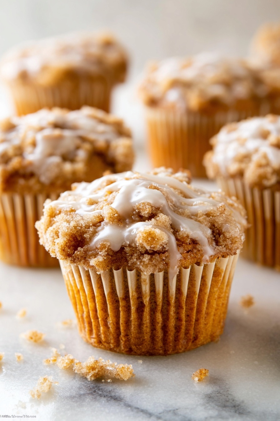 A group of seven crumb-topped muffins with a rough, crumbly golden brown texture, each drizzled with a light white sugary glaze. The muffins sit close together on a smooth white round plate. The glaze drips slightly on the plate, adding a shiny, wet look to the dry crumb topping. The plate is placed on a white marbled surface with a few crumbs scattered around it. Photo taken with an iphone --ar 2:3 --v 7 - Pumpkin Crumb Cake Muffins, fall muffins with crumb topping, healthy pumpkin spice muffins, easy pumpkin muffin recipes, cozy autumn breakfast treats