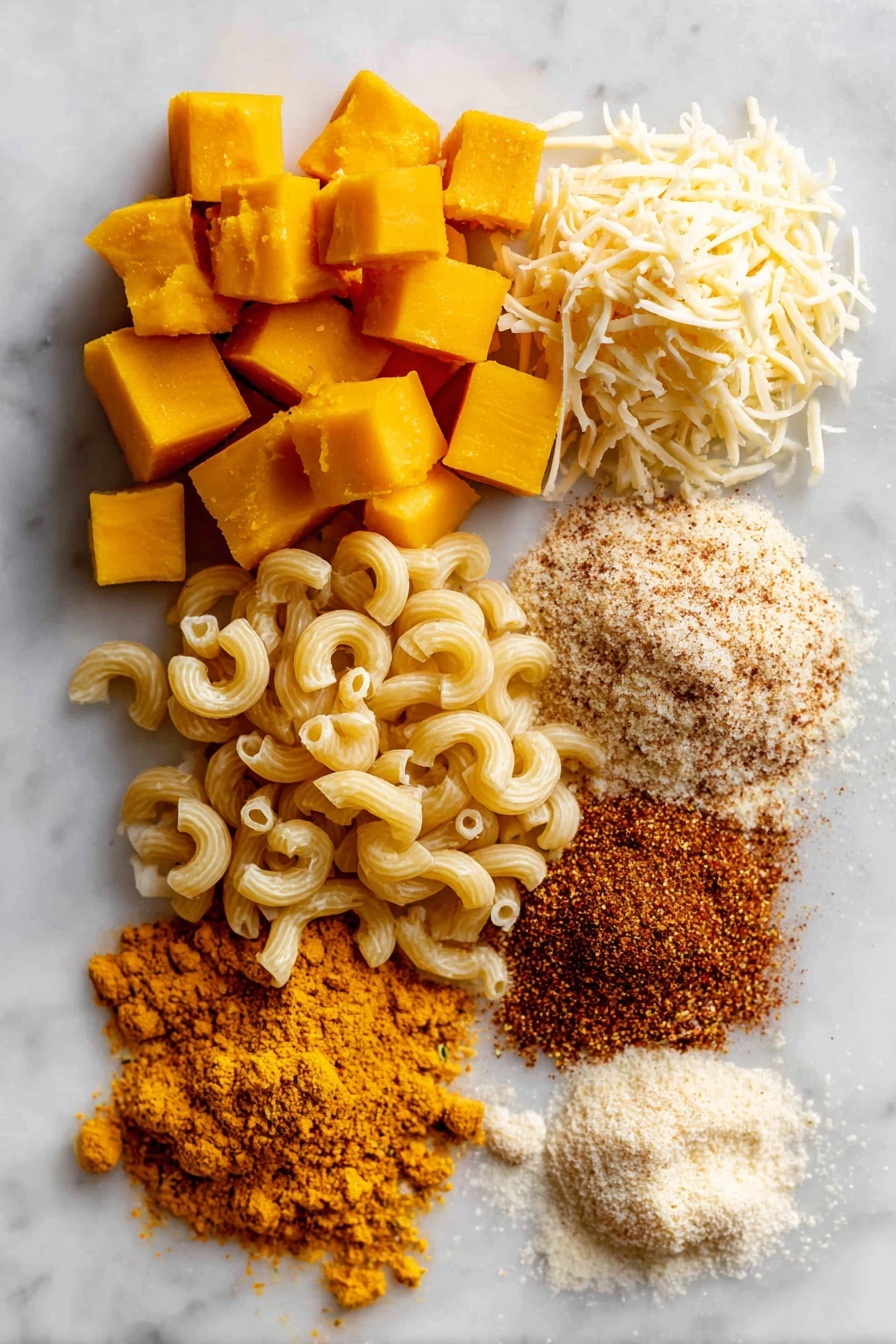 Flat lay of bright orange pumpkin purée, golden cubes of cream cheese, sharp shredded cheddar cheese, finely grated Parmesan cheese, vibrant orange-brown pumpkin spice blend with visible specks of cinnamon and nutmeg, loose elbow macaroni pasta in a natural pale cream color, and a small pile of garlic and onion powders, all beautifully arranged in a balanced composition on a white marble surface, photo taken with an iphone --ar 2:3 --v 7 - Pumpkin Mac and Cheese, pumpkin pasta recipe, fall comfort food, cheesy pumpkin pasta, easy pumpkin mac and cheese