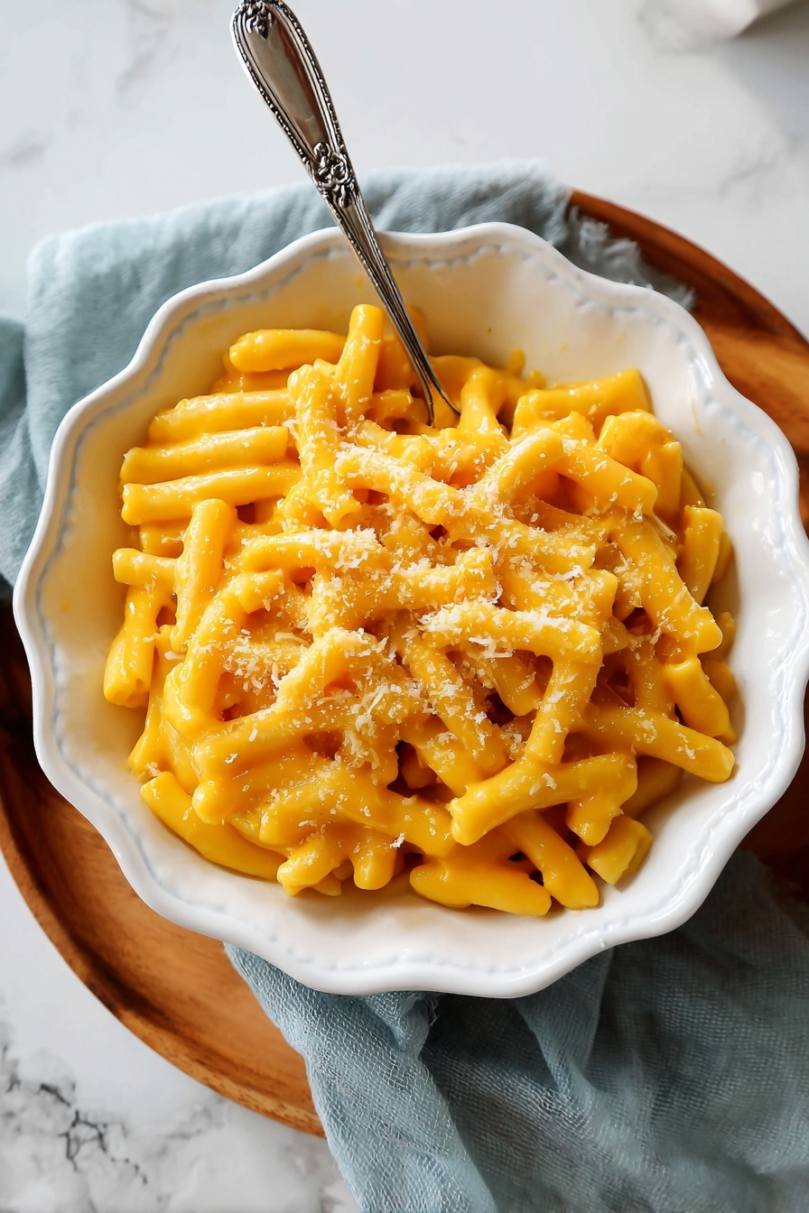 A white scalloped bowl filled with creamy, smooth mac and cheese showing thick noodles coated evenly with bright orange cheese sauce, placed on a wooden board with a soft blue and white cloth beside it, an old silver fork resting on the cloth, a small white bowl with grated cheese slightly visible in the top left corner, and a white pot with more mac and cheese on the top right on a white marbled surface photo taken with an iphone --ar 2:3 --v 7 - Pumpkin Mac and Cheese, pumpkin pasta recipe, fall comfort food, cheesy pumpkin pasta, easy pumpkin mac and cheese