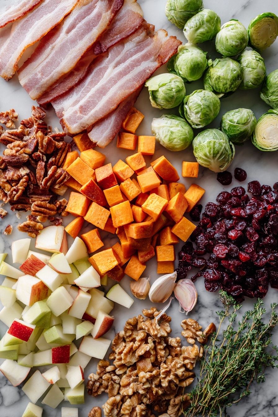 Flat lay of thick-cut bacon slices, diced small sweet potatoes, halved Brussels sprouts, diced red apple pieces, roughly chopped walnuts, dried cranberries, fresh green thyme sprigs, small brown onion diced, and garlic cloves, all beautifully arranged with warm autumn colors and natural textures, placed on a white marble surface, photo taken with an iphone --ar 2:3 --v 7 - One-Pot Easy Harvest Chicken Skillet, fall chicken skillet, cozy weeknight dinner, healthy chicken and vegetable skillet, simple one-pan chicken meal