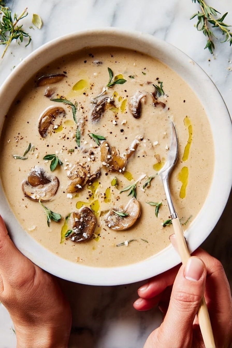 Two bowls of creamy beige mushroom soup with visible slices of mushrooms and small green herb leaves sprinkled on top, along with drizzles of yellow olive oil and bits of black pepper. One bowl is held by a woman's hand on the left side, while another woman's hand holds a spoon with sliced mushrooms near the right bowl. There is a white marbled surface underneath, a folded reddish-brown and beige striped cloth near the top left, and a glass bottle with olive oil on the right. photo taken with an iphone --ar 2:3 --v 7 - Creamy Mushroom Soup, creamy mushroom soup recipe, mushroom soup with thyme, easy mushroom soup, comforting mushroom soup