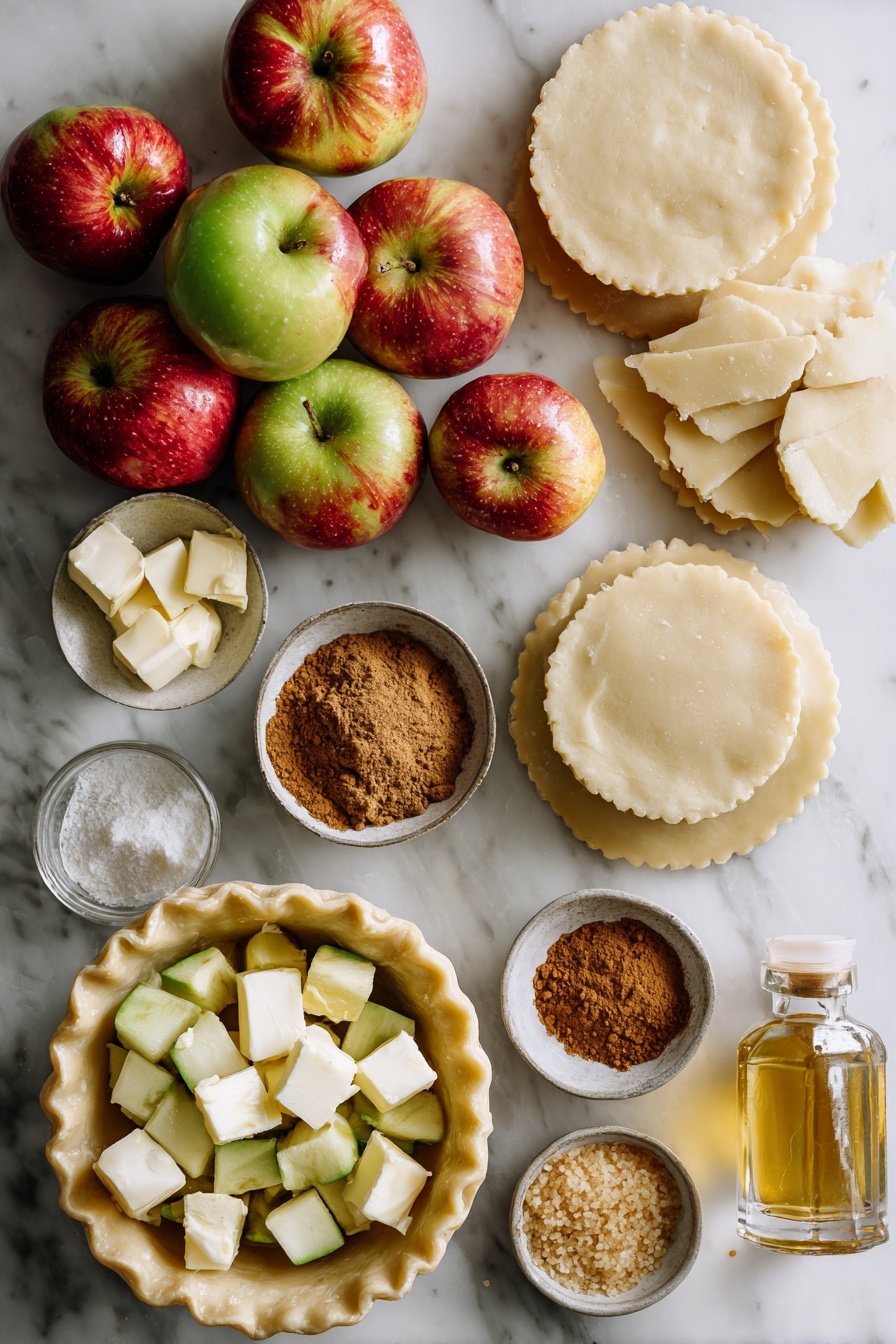 Flat lay of fresh chopped apples with their natural red and green skins, small cubes of creamy butter, golden granulated sugar crystals, warm brown ground cinnamon and nutmeg powders, smooth pale pie crust dough rounds, and a small glass bottle of pure vanilla extract, all beautifully arranged in a balanced composition highlighting their textures and colors, placed on a white marble surface, photo taken with an iphone --ar 2:3 --v 7 - Apple Hand Pies, apple hand pies recipe, easy apple hand pies, flaky apple hand pies, cinnamon apple hand pies