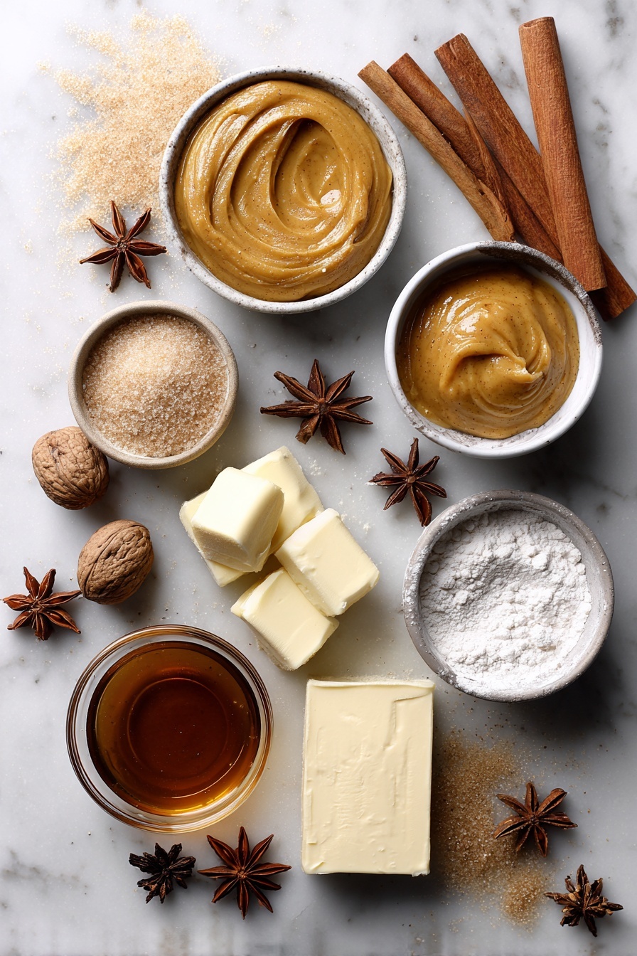 Flat lay of smooth pumpkin puree dollops, golden light brown sugar piles, warm cinnamon sticks, star anise, whole nutmeg, shiny unsalted butter cubes, glossy maple syrup drizzle, and creamy vanilla beans, all beautifully arranged with a scattering of raw all-purpose flour on a white marble surface, photo taken with an iphone --ar 2:3 --v 7 - Pumpkin Coffee Cake with Maple Glaze, pumpkin coffee cake, fall coffee cake recipes, moist pumpkin cake with glaze, cozy pumpkin dessert