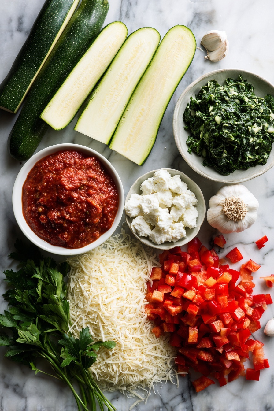 Flat lay of halved zucchinis with their flesh scooped out, diced red bell pepper, fresh spinach leaves finely chopped, whole garlic cloves, a mound of ricotta cheese, shredded mozzarella cheese, freshly grated Parmesan cheese, and a jar of vibrant marinara sauce, all beautifully arranged on a white marble surface, photo taken with an iphone --ar 2:3 --v 7 - Lasagna Stuffed Zucchini Boats, zucchini lasagna boats, healthy zucchini recipes, low-carb zucchini recipes, stuffed zucchini boats