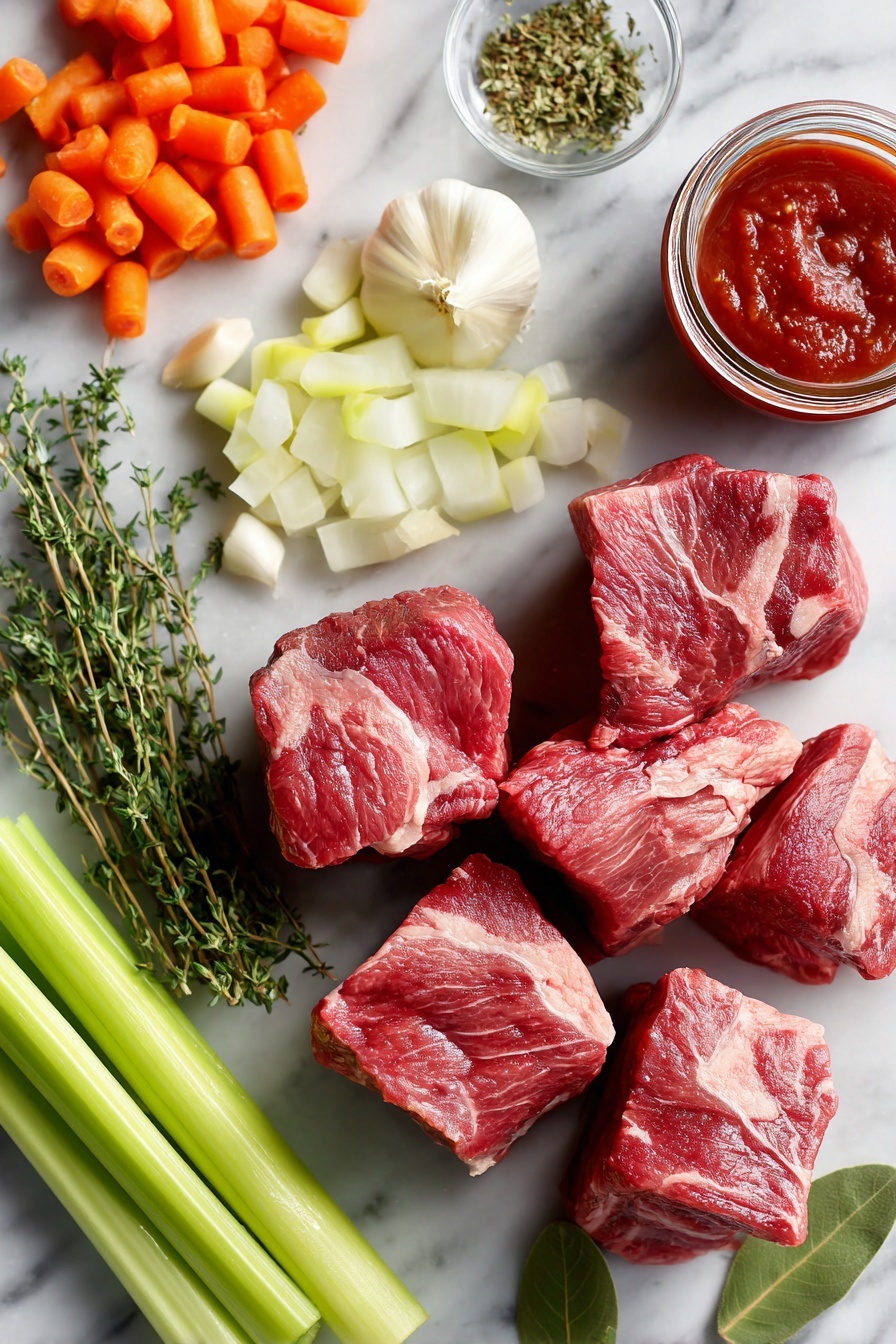 Flat lay of thick, raw chuck roast pieces with trimmed fat, diced pancetta cubes, bright orange peeled carrot chunks, finely chopped yellow onion, crisp celery ribs sliced, whole peeled garlic cloves, a small jar of deep red tomato paste, fresh green thyme sprigs, and glossy bay leaves beautifully arranged and placed on a white marble surface, photo taken with an iphone --ar 2:3 --v 7 - Italian Pot Roast, Italian Pot Roast Recipe, hearty Italian beef, slow braised beef, Italian comfort food