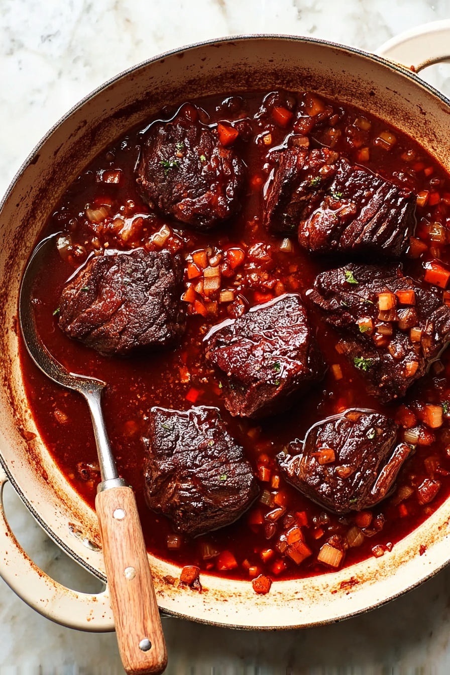 The image shows a white round pan filled with six large dark brown beef pieces simmering in a deep red-brown sauce with a rich glossy texture. The sauce contains small diced carrots and onions scattered evenly around the beef pieces. A metal spoon with a light wooden handle rests inside the pan, partially submerged in the sauce on the left side. The pan is placed on a white marbled surface that enhances the color contrast of the food. photo taken with an iphone --ar 2:3 --v 7 - Italian Pot Roast, Italian Pot Roast Recipe, hearty Italian beef, slow braised beef, Italian comfort food