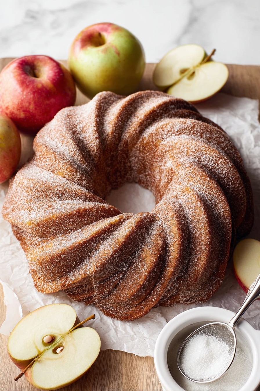 A round bundt cake with a golden brown crust is placed on crumpled white parchment paper over a white marbled surface. The cake is sliced into five pieces, showing a soft, light beige inside with a moist texture. Thick white icing is drizzled in broad lines across the top and sides, with some icing pooled around the cake on the parchment. A small white bowl filled with cinnamon sugar sits nearby, along with a beige-handled knife resting on the surface. The overall scene is softly lit, focusing on the texture and glaze of the cake. photo taken with an iphone --ar 2:3 --v 7 - Apple Cider Bundt Cake, Apple Cider Cake with Cinnamon Sugar Topping and Apple Cider Glaze, Fall Apple Cake, Cinnamon Sugar Bundt Cake, Autumn Dessert