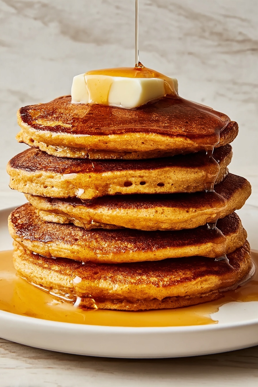 A stack of five thick, golden-brown pancakes sits in the center of a white plate. The pancakes have a slightly rough texture with small air holes visible on the edges. On top of the stack is a melting square of pale yellow butter, with amber syrup slowly dripping down over the sides of the pancakes, pooling slightly on the plate below. The plate rests on a surface with a white marbled texture. photo taken with an iphone --ar 2:3 --v 7 - Pumpkin Pancakes with Warm Spices and Maple Syrup, fall pancakes recipe, pumpkin spice breakfast, fluffy pumpkin pancakes, cozy fall brunch ideas