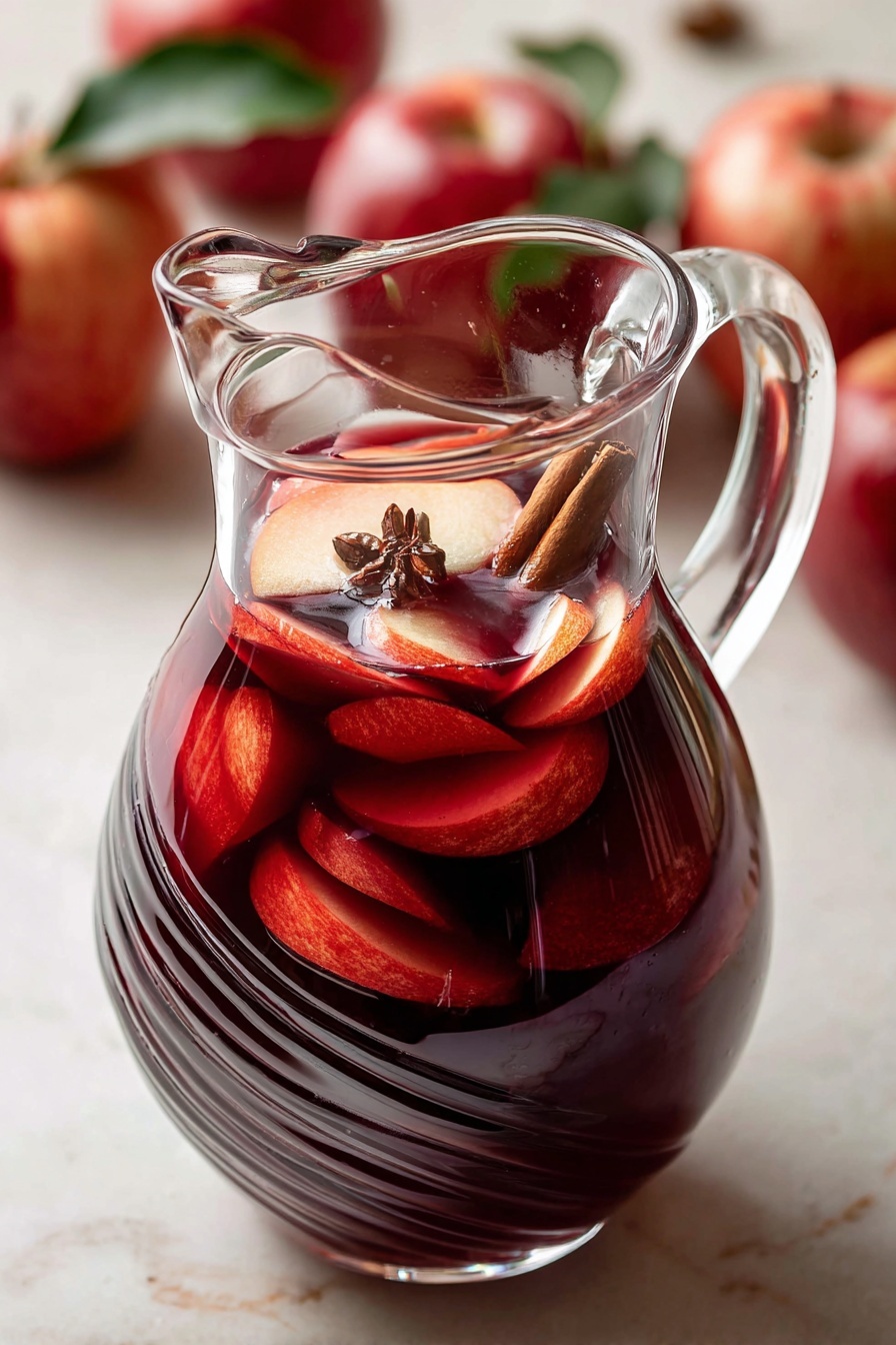 A clear glass pitcher filled with a deep red drink, with several thin slices of red apple floating on top, along with a whole cinnamon stick near the center. The pitcher has a wide, curved handle and visible swirl patterns along its top edge. The background shows a soft white marbled surface, and a few red apples with green leaves are seen blurred in the background. The lighting highlights the rich color and transparency of the liquid, emphasizing the fresh fruit and spice inside. photo taken with an iphone --ar 2:3 --v 7 - Honeycrisp Apple Red Sangria, apple sangria recipes, easy fruit sangria, fall sangria drinks, refreshing fruit sangria