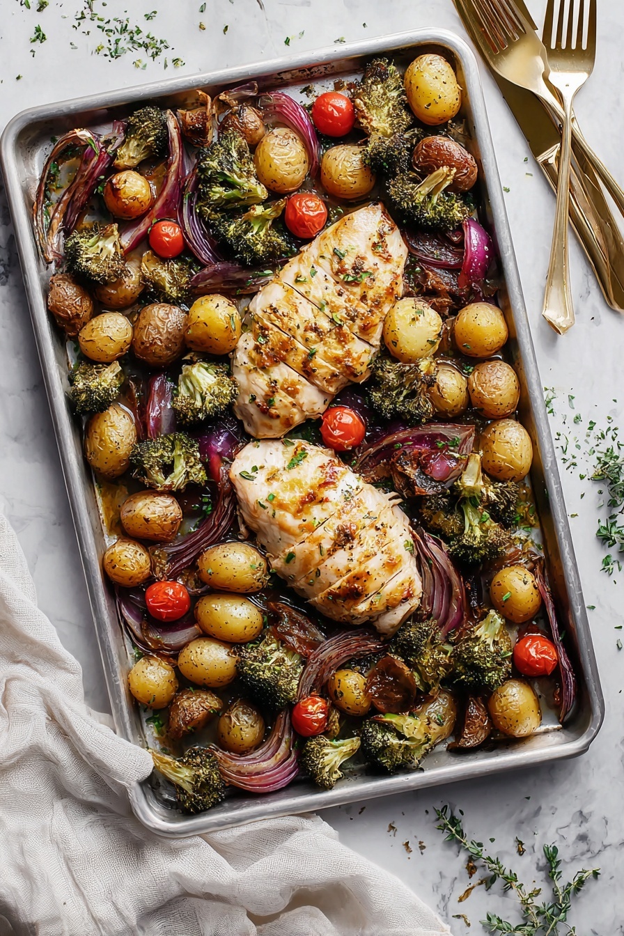 The image shows two sliced, cooked chicken breasts placed on a large white tray. The chicken is golden brown with light grill marks and sprinkled with small bits of green herbs. Surrounding the chicken are many roasted baby potatoes in different shades of brown, yellow, and purple. Scattered throughout are bright red roasted cherry tomatoes, and green broccoli florets with slightly charred tips. Thin slices of soft purple onion are mixed in with the vegetables, all resting on a white marbled surface. The colors and textures create a warm, rustic look with a balanced mix of vegetables and meat. photo taken with an iphone --ar 2:3 --v 7 - Sheet Pan Chicken and Veggies, sheet pan chicken recipes, easy healthy dinner, one-pan chicken and vegetables, quick weeknight dinners
