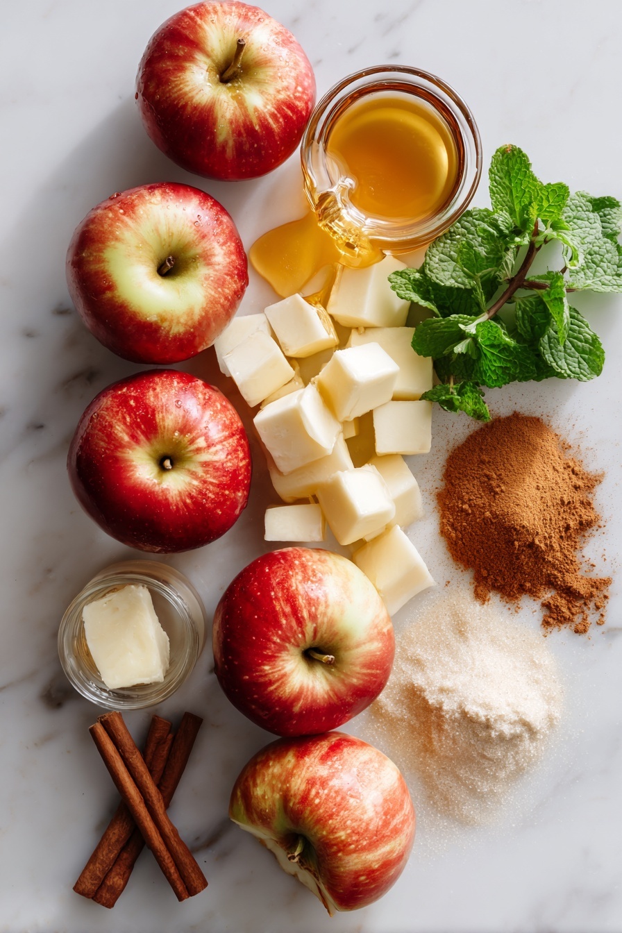 Flat lay of fresh Honey Crisp apples, some whole and some chopped into cubes, surrounded by a small pile of ground cinnamon powder, a drizzle of golden maple syrup in a delicate stream, a small pat of creamy salted butter, and a tiny glass vial of pure vanilla extract, all beautifully arranged with a few cinnamon sticks for texture and a sprig of fresh green mint for color contrast, placed on a white marble surface, photo taken with an iphone --ar 2:3 --v 7 - Easy Cinnamon Apples, cinnamon apple dessert, quick apple snack, healthy apple side dish, cozy apple recipes