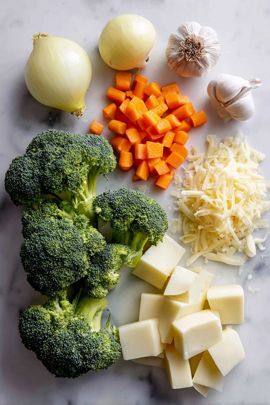 Flat lay of fresh broccoli florets with their bright green color, diced orange carrots, peeled and cubed white potatoes, a whole peeled onion with a slight shine, several cloves of fresh garlic with papery skins, a small pile of shredded sharp cheddar cheese with vibrant yellow-orange hues, and a pat of creamy butter, all beautifully arranged on a white marble surface, photo taken with an iphone --ar 2:3 --v 7 - Broccoli Potato Cheese Soup, Broccoli Potato Cheese Soup Recipe, Creamy vegetable soup, Cheesy broccoli soup, Easy comfort food recipes