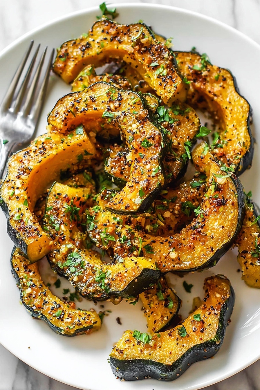 The image shows a silver baking tray on a white marbled surface with a black and white striped towel beside it. On the tray, there are ten pieces of roasted delicata squash arranged in loose rows. Each piece is crescent-shaped with caramelized, golden brown edges and a slightly crispy texture, with darker brown speckles of seasoning scattered on the surface. The inside flesh of the squash has a warm, light yellow-orange color, contrasting with the darker, slightly wrinkled skin on the outer edge. Some oil droplets and small bits of seasoning remain on the tray around the squash slices. The photo taken with an iphone --ar 2:3 --v 7 - Parmesan Herb Roasted Acorn Squash, roasted acorn squash with herbs, easy winter squash side dish, healthy roasted acorn squash, caramelized acorn squash with parmesan