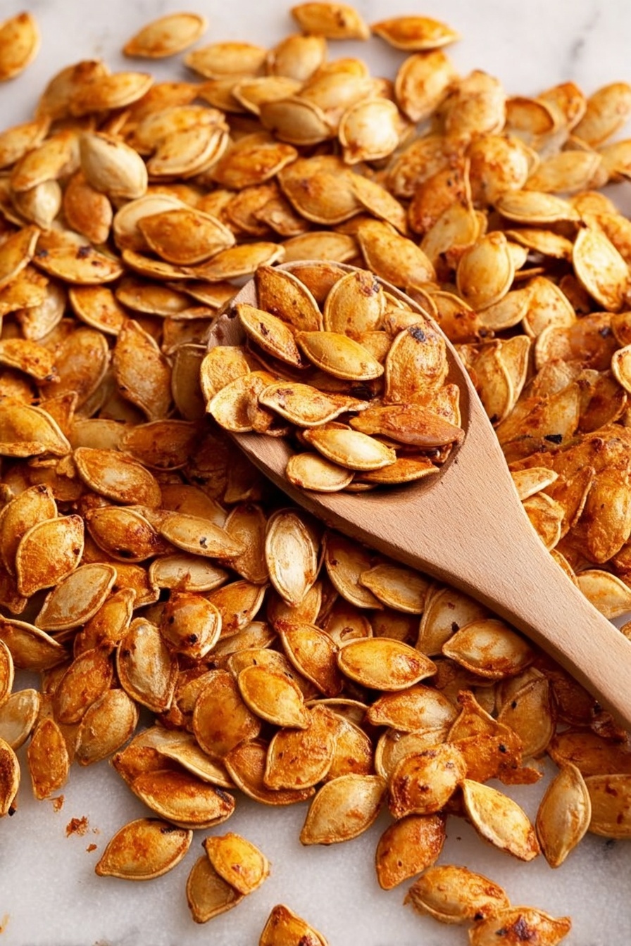 A metal baking tray lined with white parchment paper is filled with many roasted pumpkin seeds scattered all over. The seeds are a mix of light golden brown and medium brown color, showing a crispy texture. A wooden spoon holding several pumpkin seeds rests near the right side of the tray. The tray is placed on a white marbled surface, with a blue cloth partially visible in the lower-left corner. Photo taken with an iphone --ar 2:3 --v 7 - Roasted Spiced Pumpkin Seeds, pumpkin seeds snack, spiced pumpkin seeds, fall snack recipes, crunchy roasted seeds