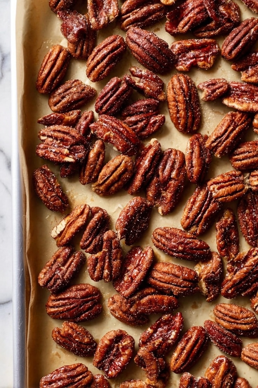 A close-up view of many roasted pecans spread evenly on a white baking tray lined with light brown parchment paper. The pecans are deep brown with a rough, glazed texture, showing small sugar crystals on their surface, and they vary slightly in size and shape. The background under the tray is a white marbled surface. photo taken with an iphone --ar 2:3 --v 7 - Sweet and Spicy Candied Pecans, candied pecans recipe, spicy candied pecans, easy nut snack, homemade candied nuts